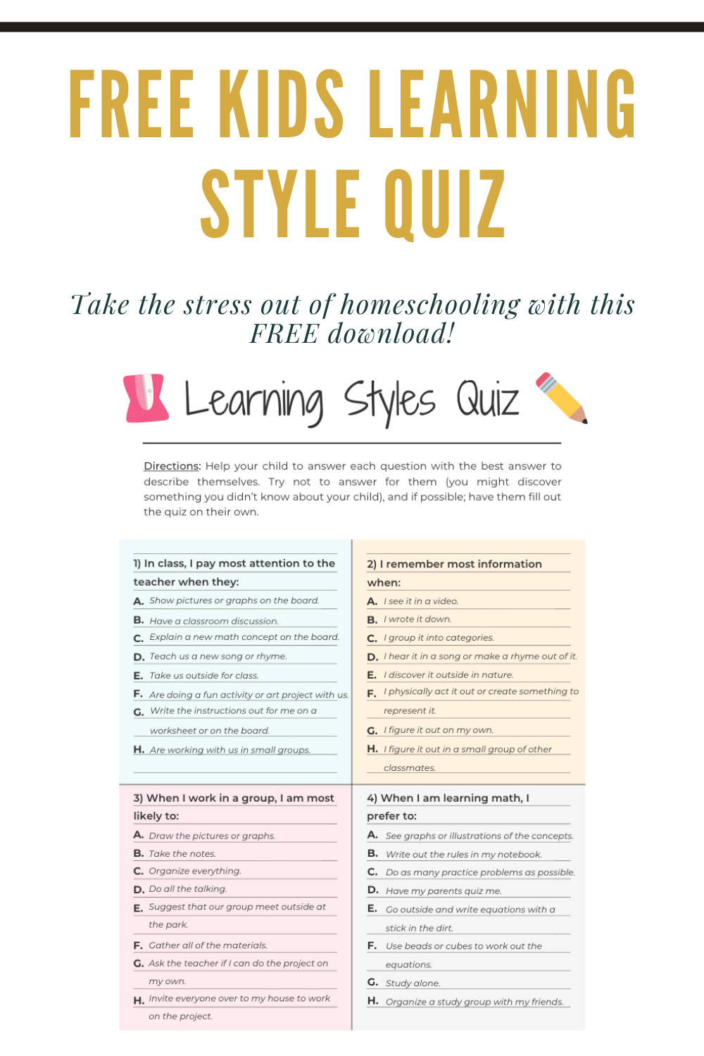 Free Kids Learning Style Quiz | Learning Style Quiz, Learning in Free Printable Learning Styles Questionnaire