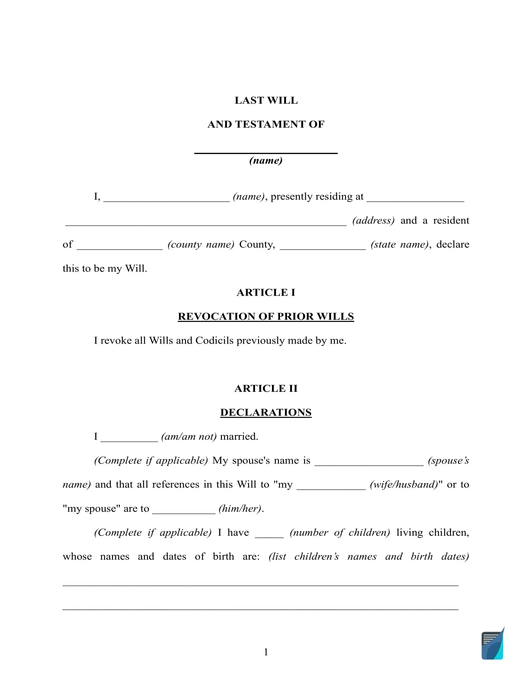 Free Last Will And Testament Template ⇒ Will Forms In Pdf And Doc inside Free Printable Wills