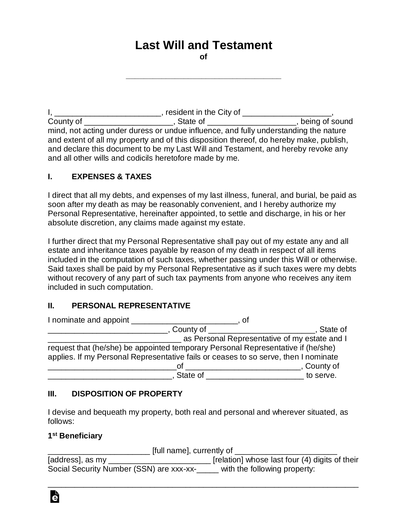 Free Last Will And Testament (Will) - Pdf | Word – Eforms with Free Printable Blank Last Will and Testament