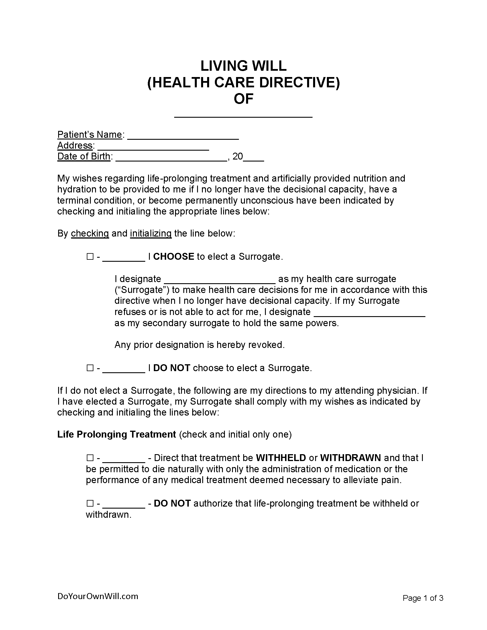 Free Living Will Form (&amp;quot;Health Care Directive&amp;quot;) | Pdf | Word | Odt for Living Will Forms Free Printable