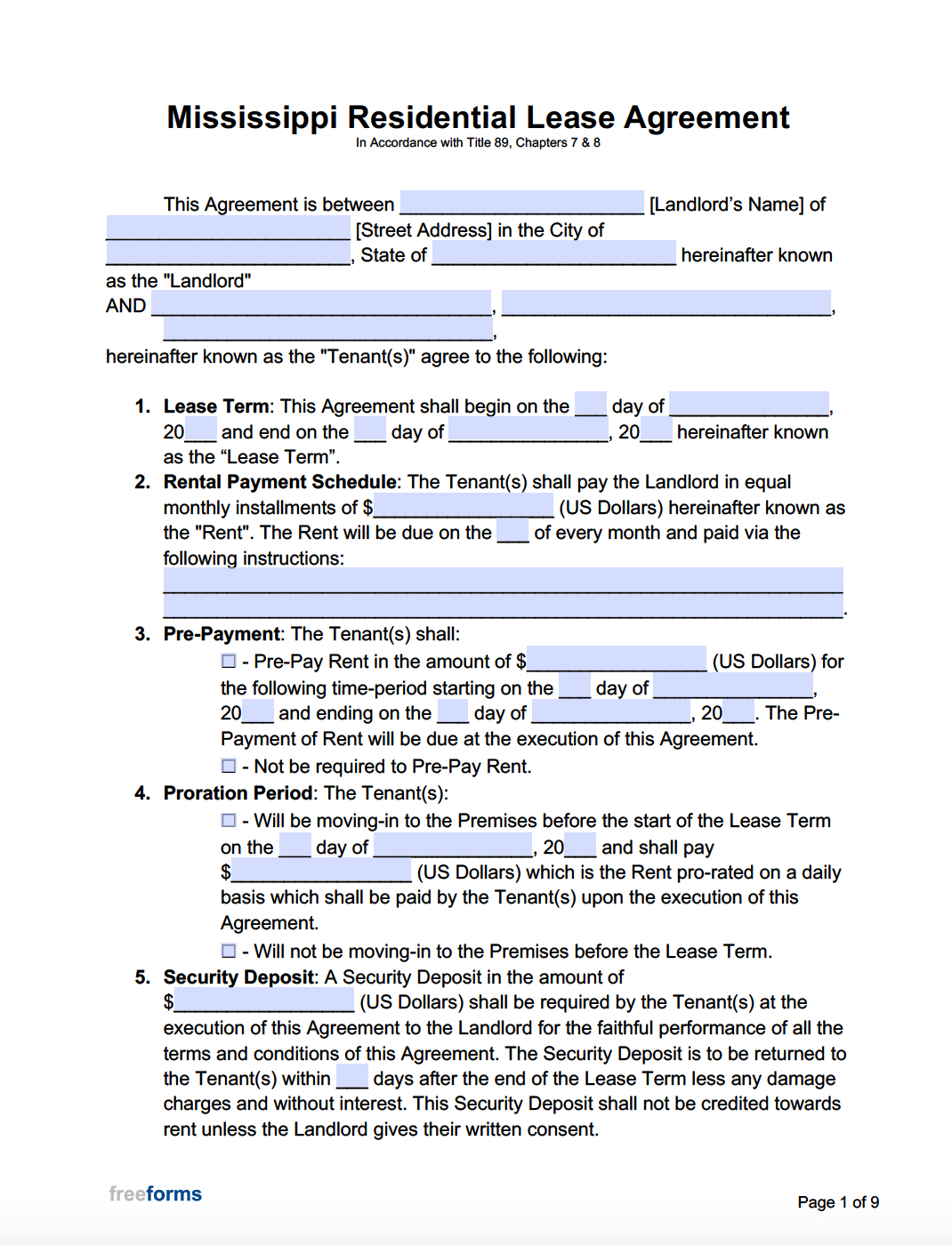 Free Mississippi Rental Lease Agreement Templates | Pdf | Word for Free Printable Rental Lease Agreement