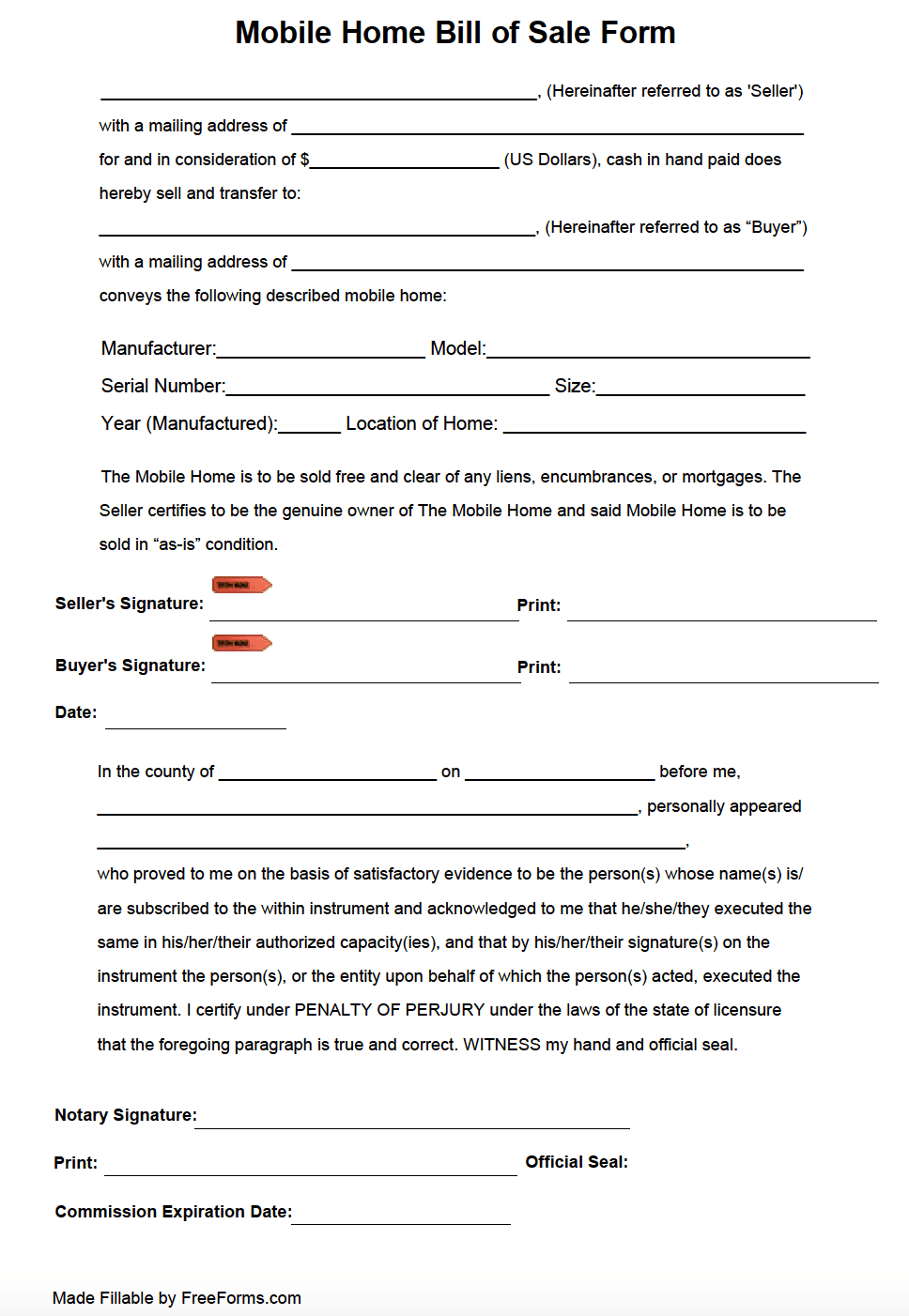 Free Mobile (Manufactured) Home Bill Of Sale Form | Pdf throughout Free Printable Mobile Home Bill Of Sale