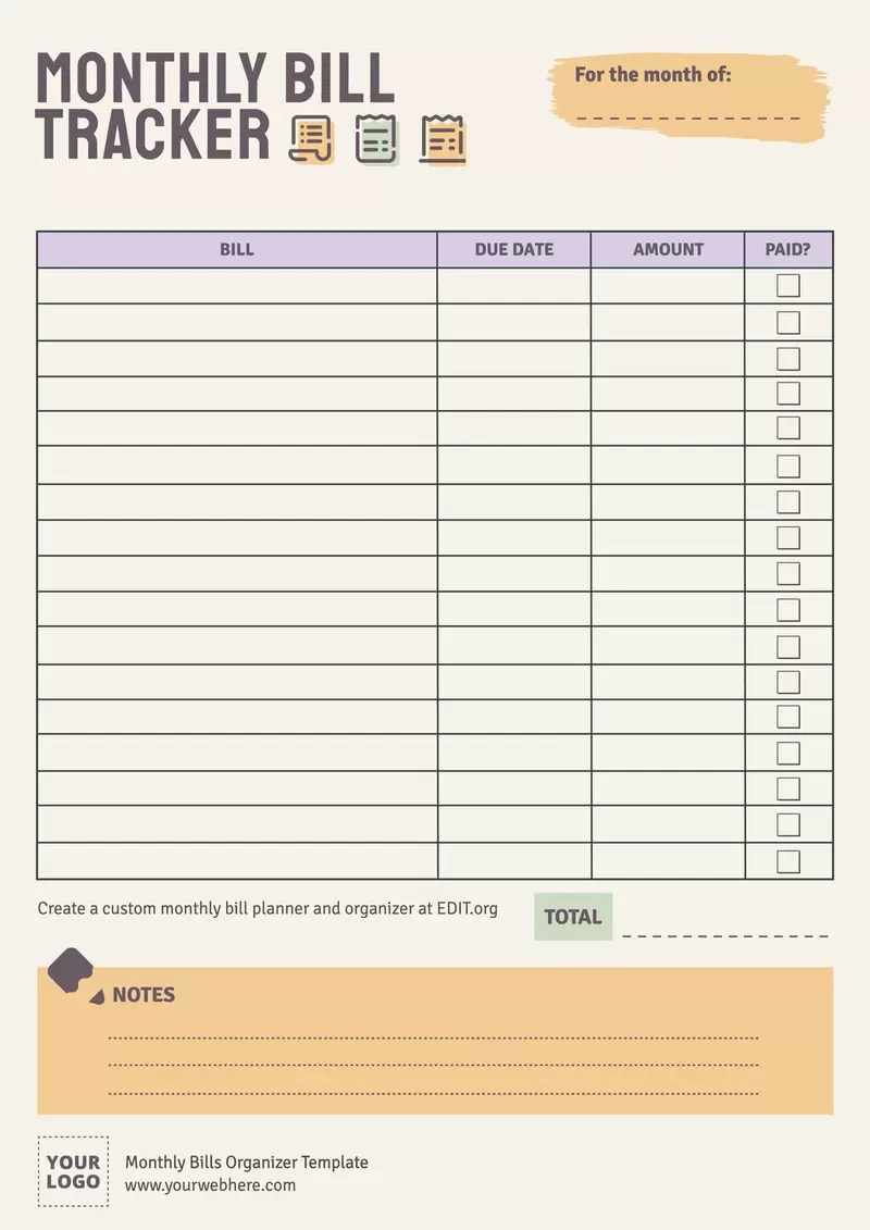 Free Monthly Bills Organizer Templates throughout Free Printable Bill Tracker