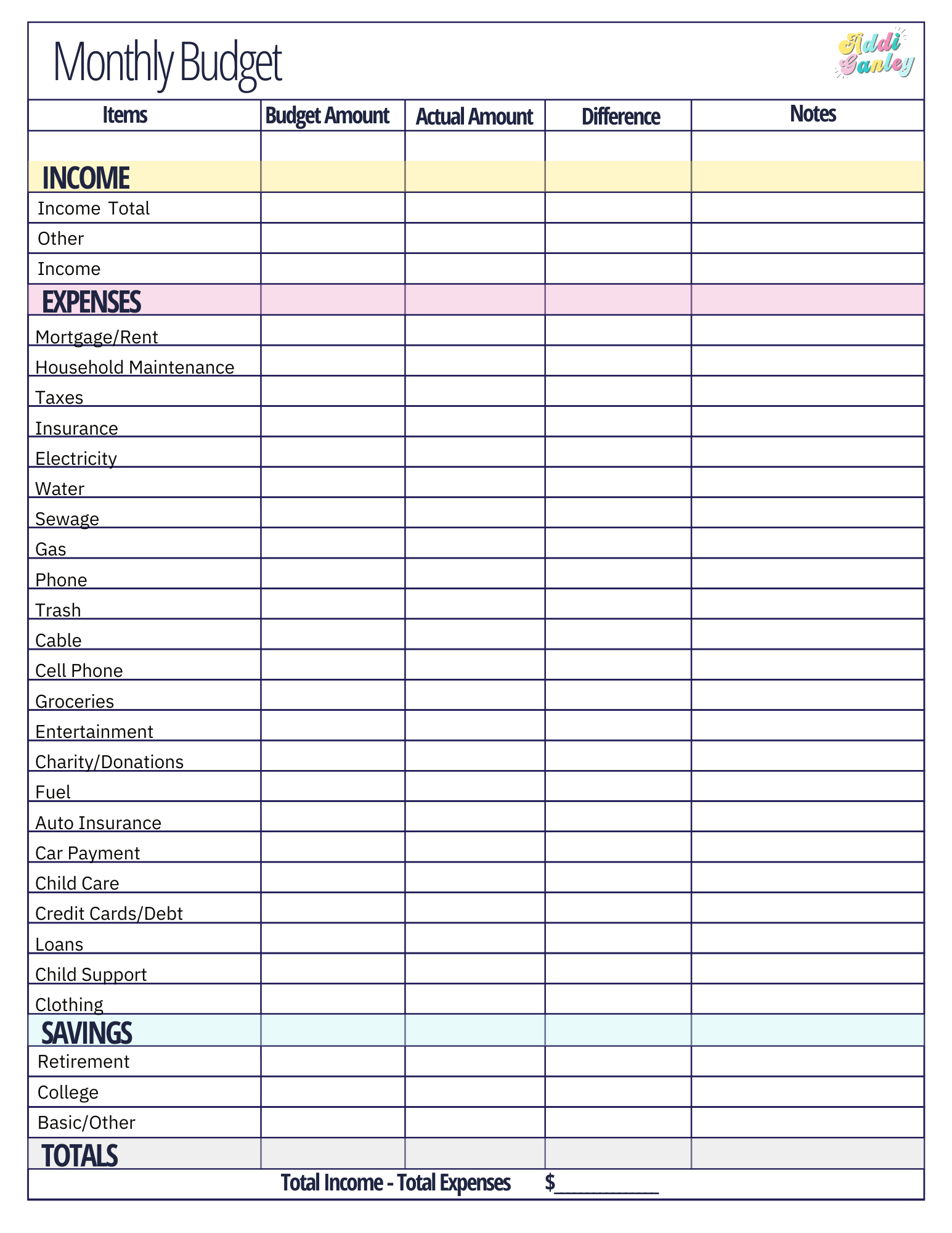 Free Monthly Budget Template - Instant Download pertaining to Free Printable Household Expense Sheets