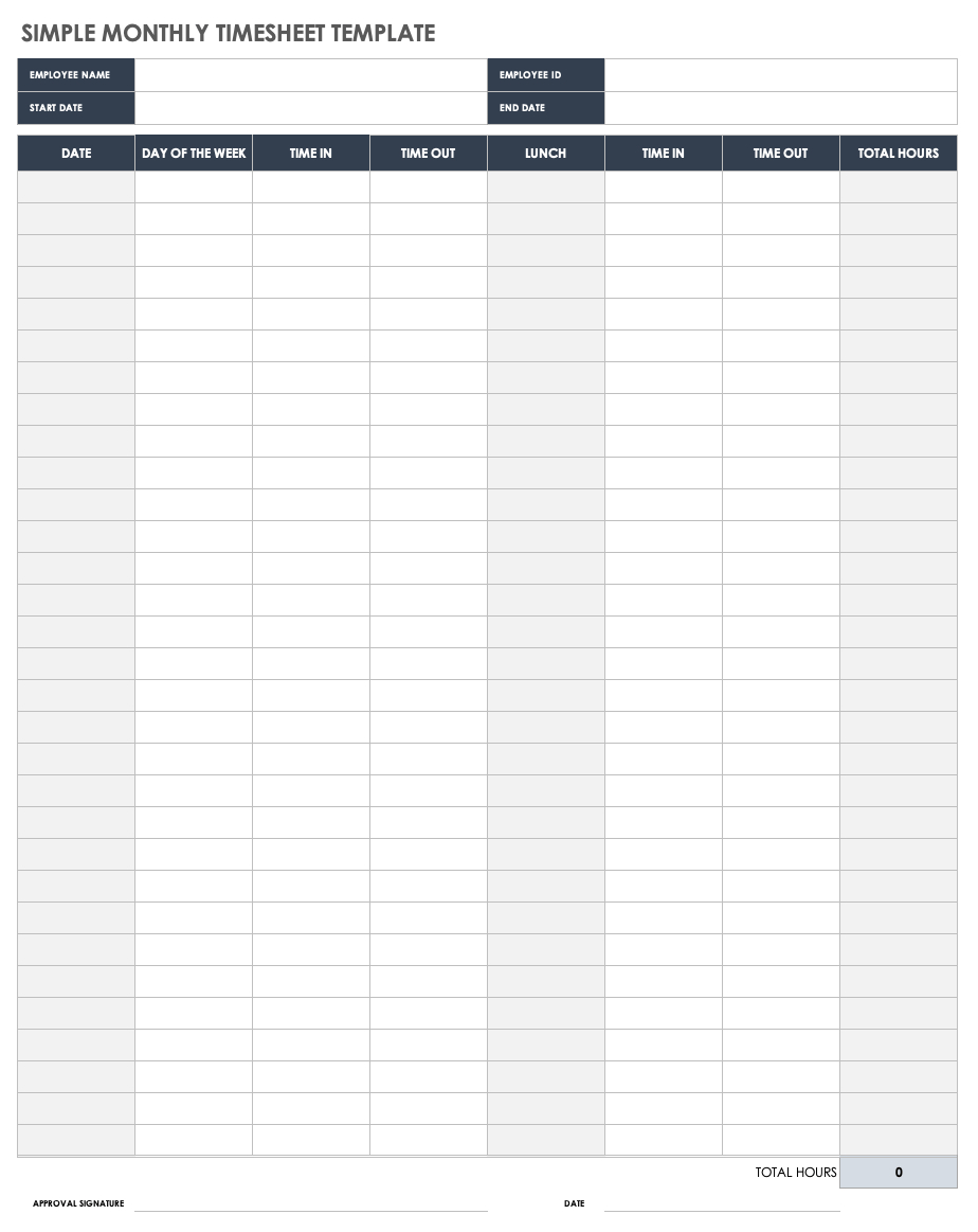 Free Monthly Timesheet &amp;amp; Time Card Templates | Smartsheet inside Monthly Timesheet Template Free Printable