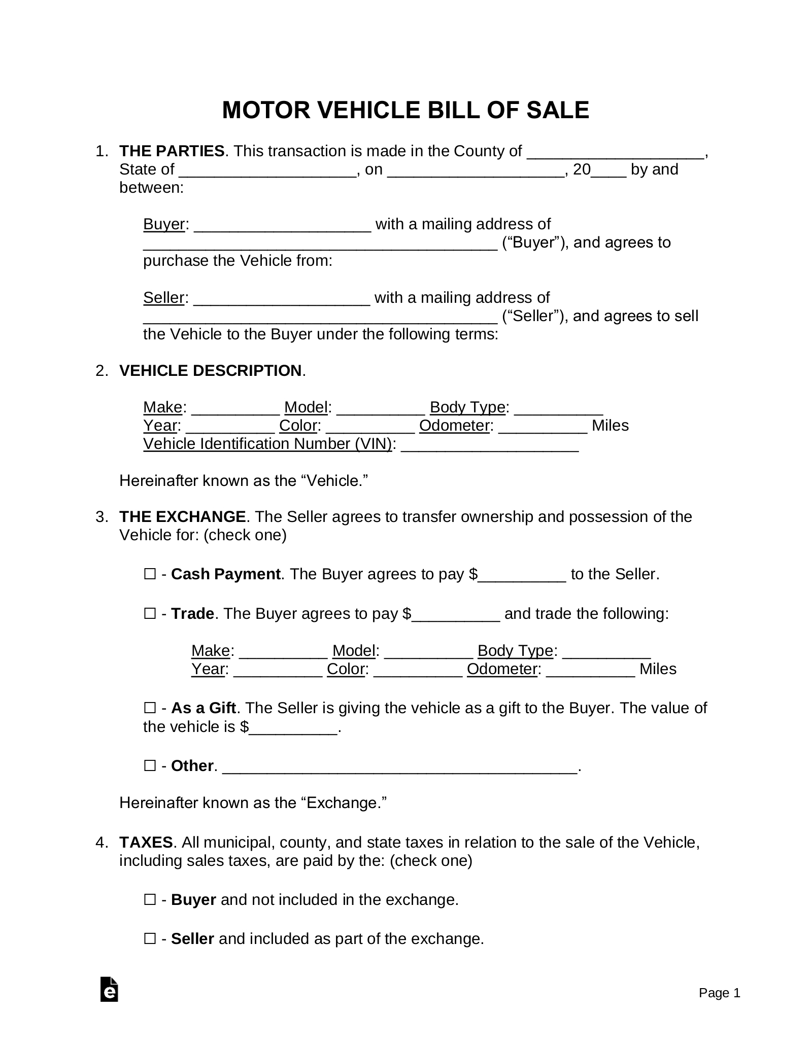 Free Motor Vehicle (Dmv) Bill Of Sale Form - Pdf | Word – Eforms intended for Free Printable Blank Auto Bill Of Sale