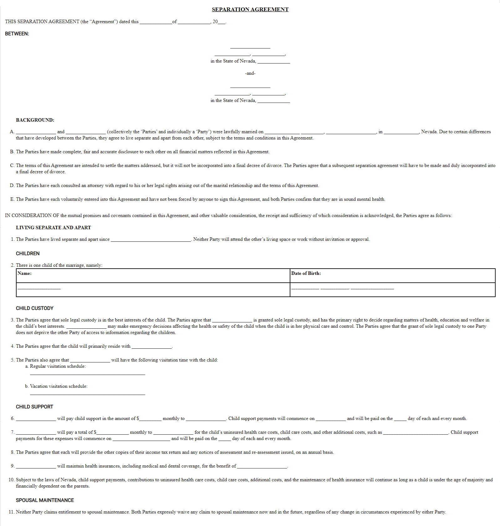 Free Nevada Marital Separation Legal Agreement Forms - Forms.legal in Free Printable Divorce Papers Nevada