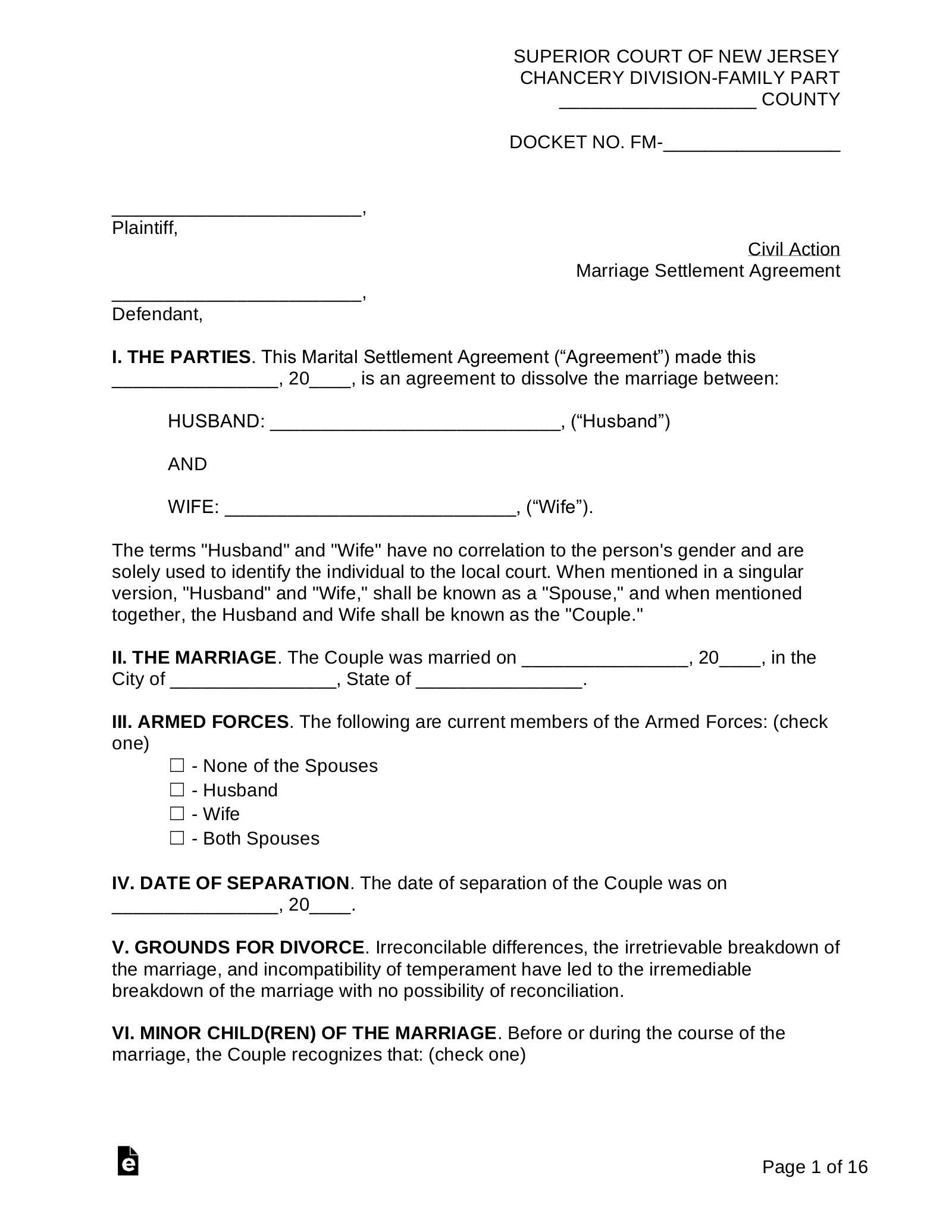 Free New Jersey Marital Settlement (Divorce) Agreement - Pdf for Free Printable Nj Divorce Forms