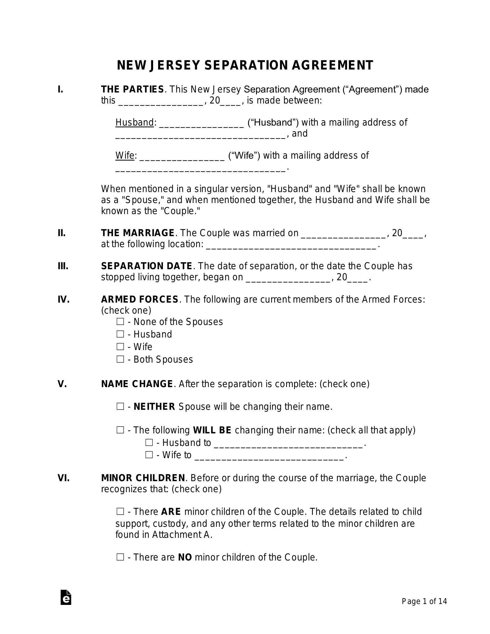 Free New Jersey Separation Agreement Template - Pdf | Word – Eforms inside Free Printable Nj Divorce Forms