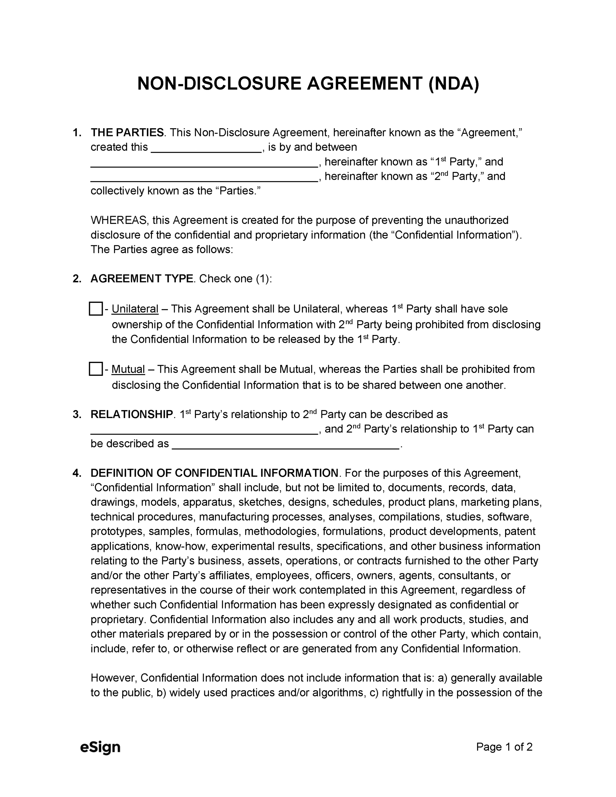 Free Non-Disclosure Agreement (Nda) Template | Pdf | Word inside Free Printable Non Disclosure Agreement Form