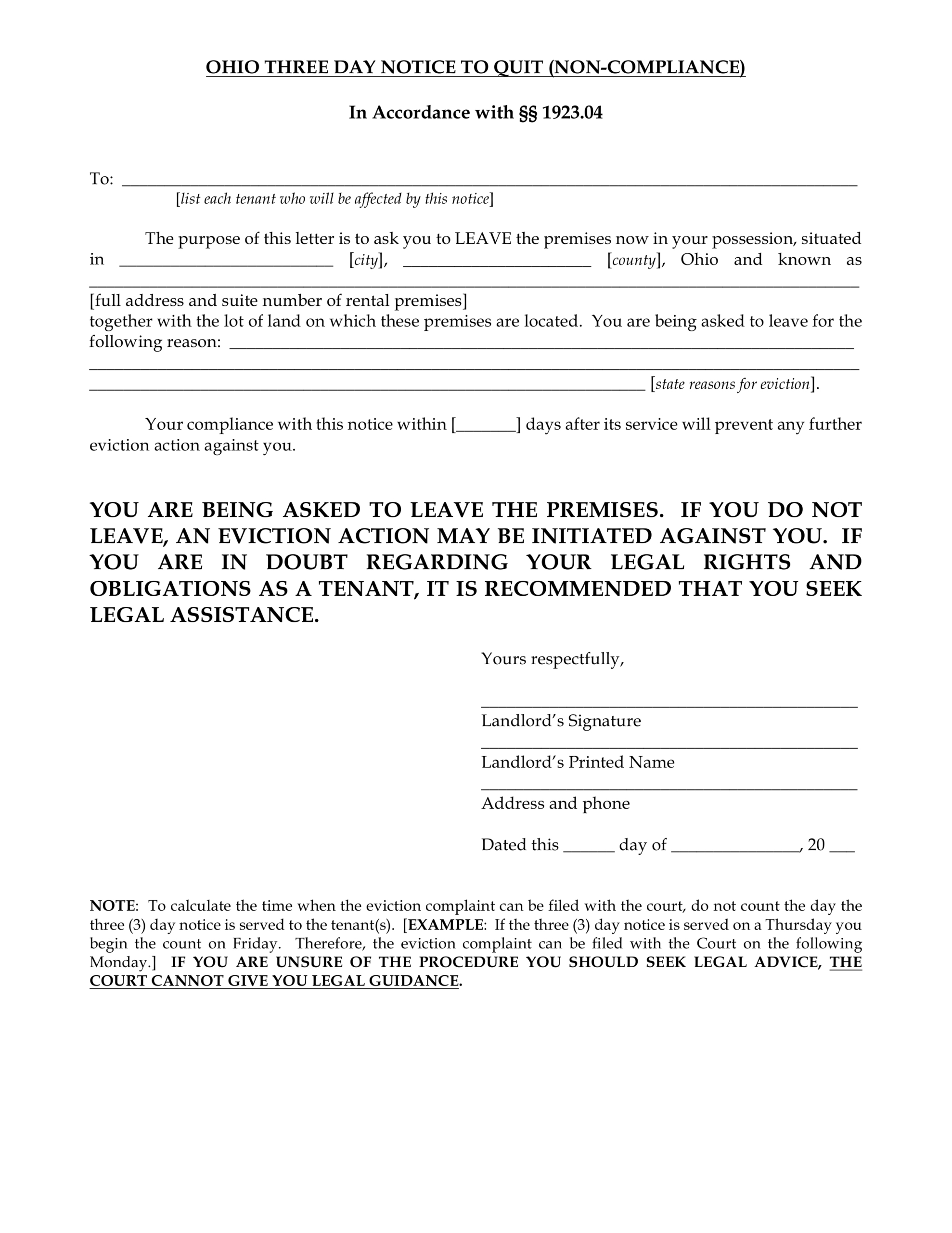 Free Ohio 3-Day Notice To Quit Form | Non-Compliance - Pdf | Word pertaining to Free Printable Eviction Notice Ohio