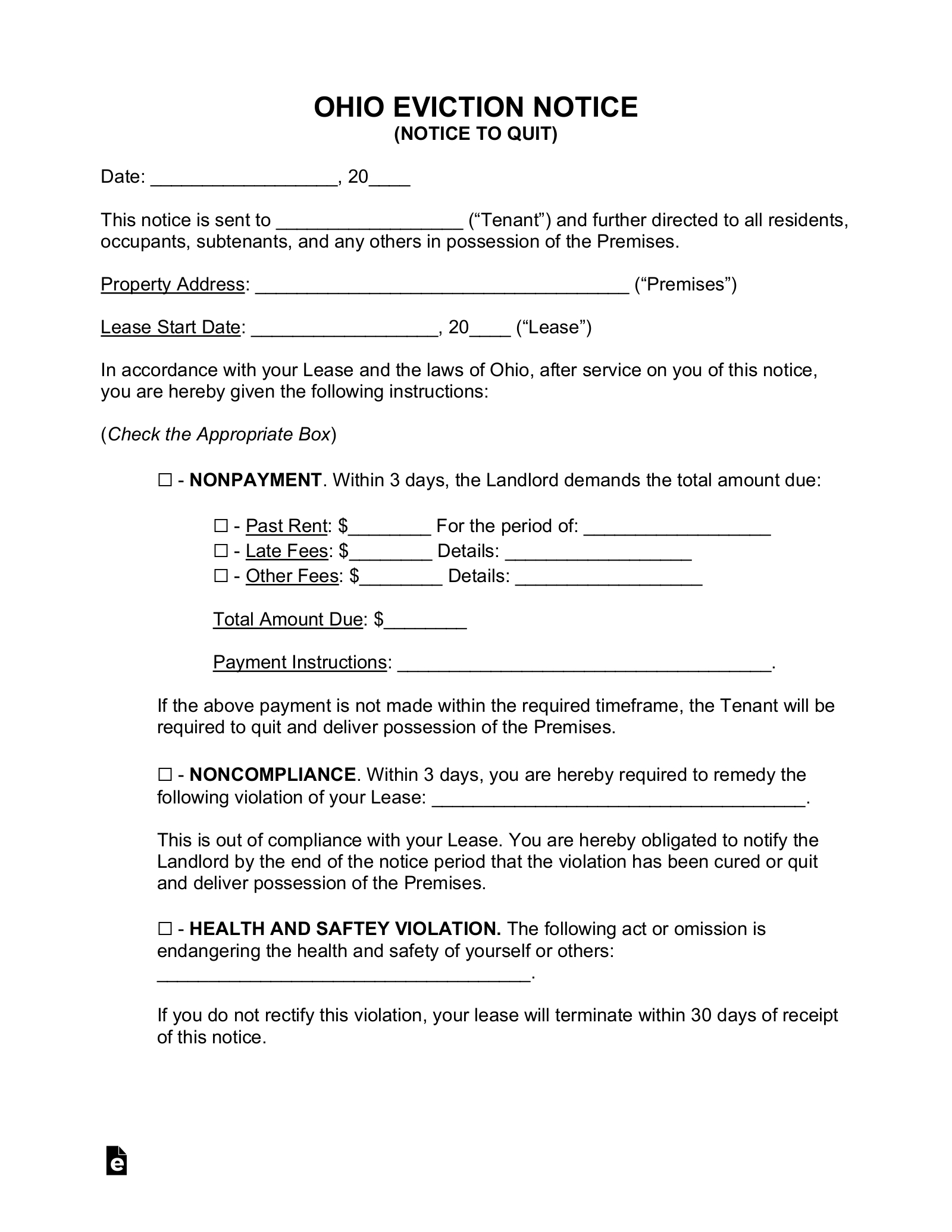 Free Ohio Eviction Notice Forms (4) - Pdf | Word – Eforms regarding Free Printable Eviction Notice Ohio