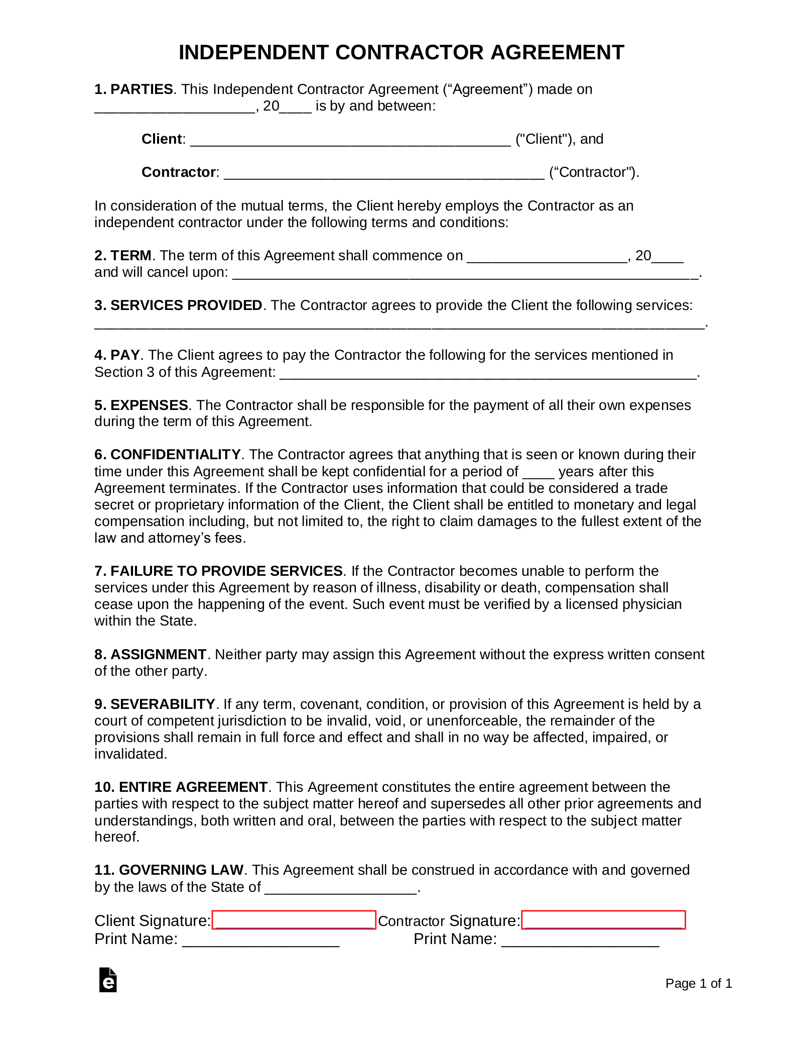 Free One (1) Page Independent Contractor Agreement - Pdf | Word in Free Printable Independent Contractor Agreement