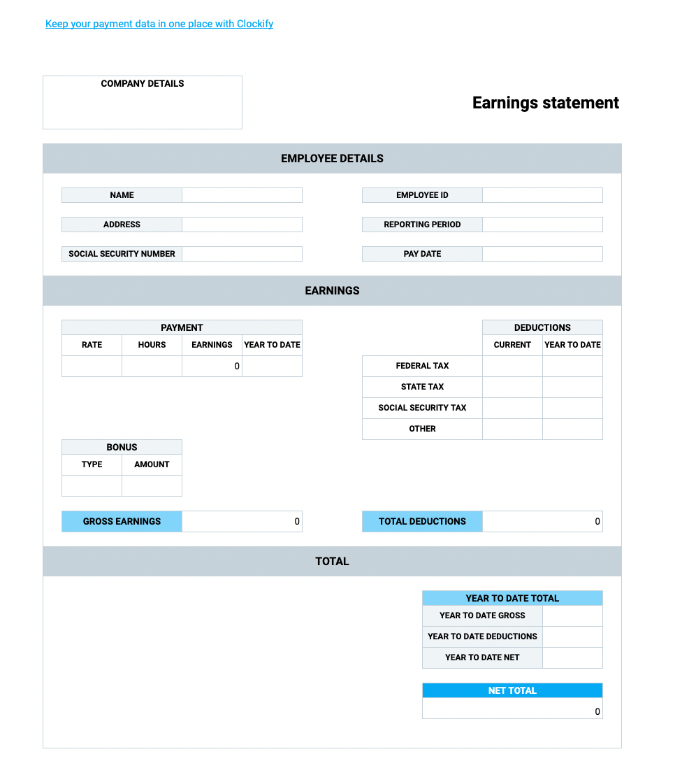 Free Pay Stub Templates — Clockify for Free Printable Pay Stubs Online