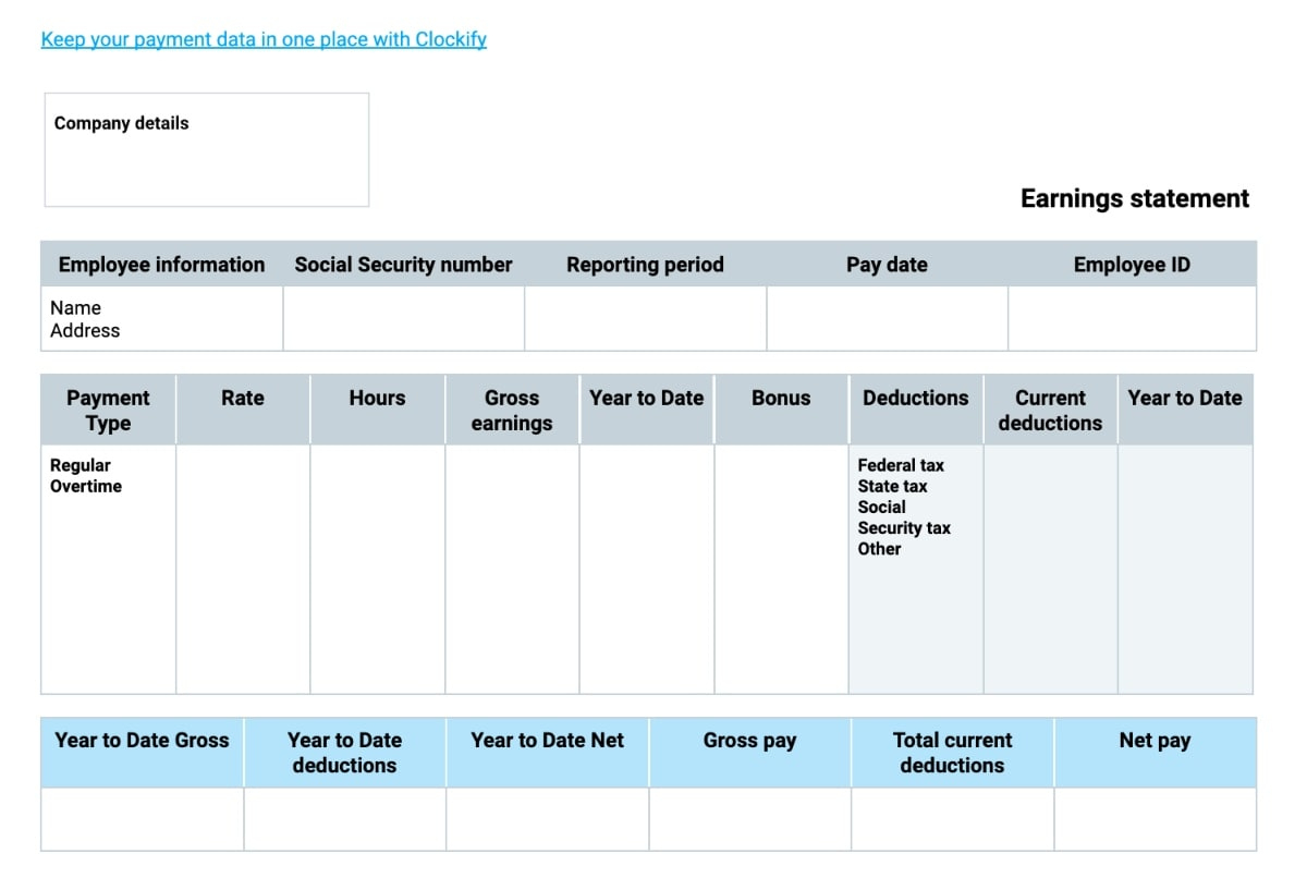 Free Pay Stub Templates — Clockify in Free Printable Pay Stubs Online