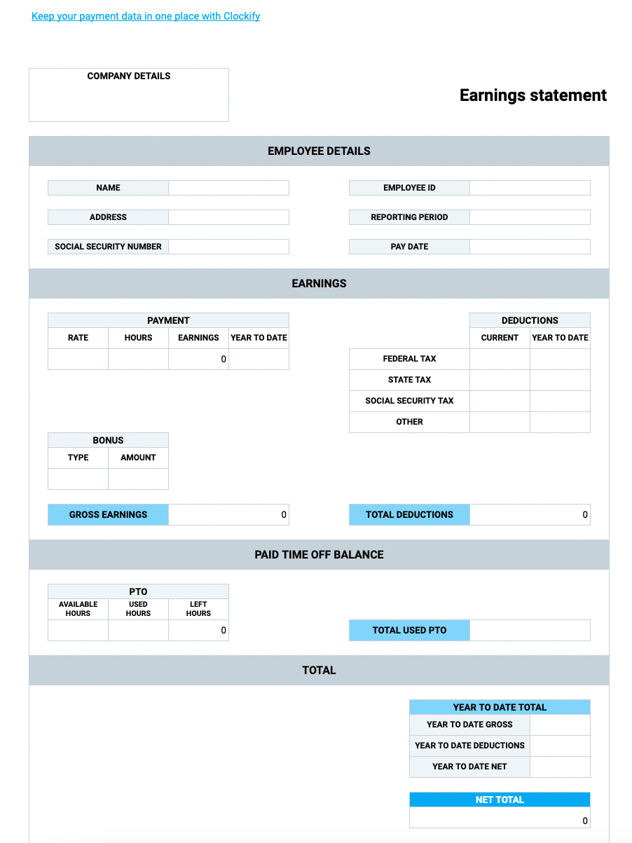 Free Pay Stub Templates — Clockify inside Free Printable Check Stubs Download