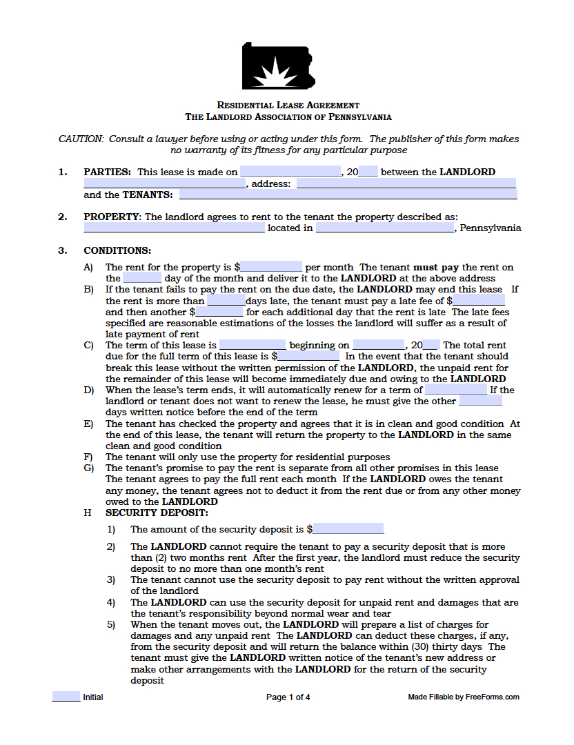 Free Pennsylvania Rental Lease Agreement Templates | Pdf in Free Printable Lease Agreement PA