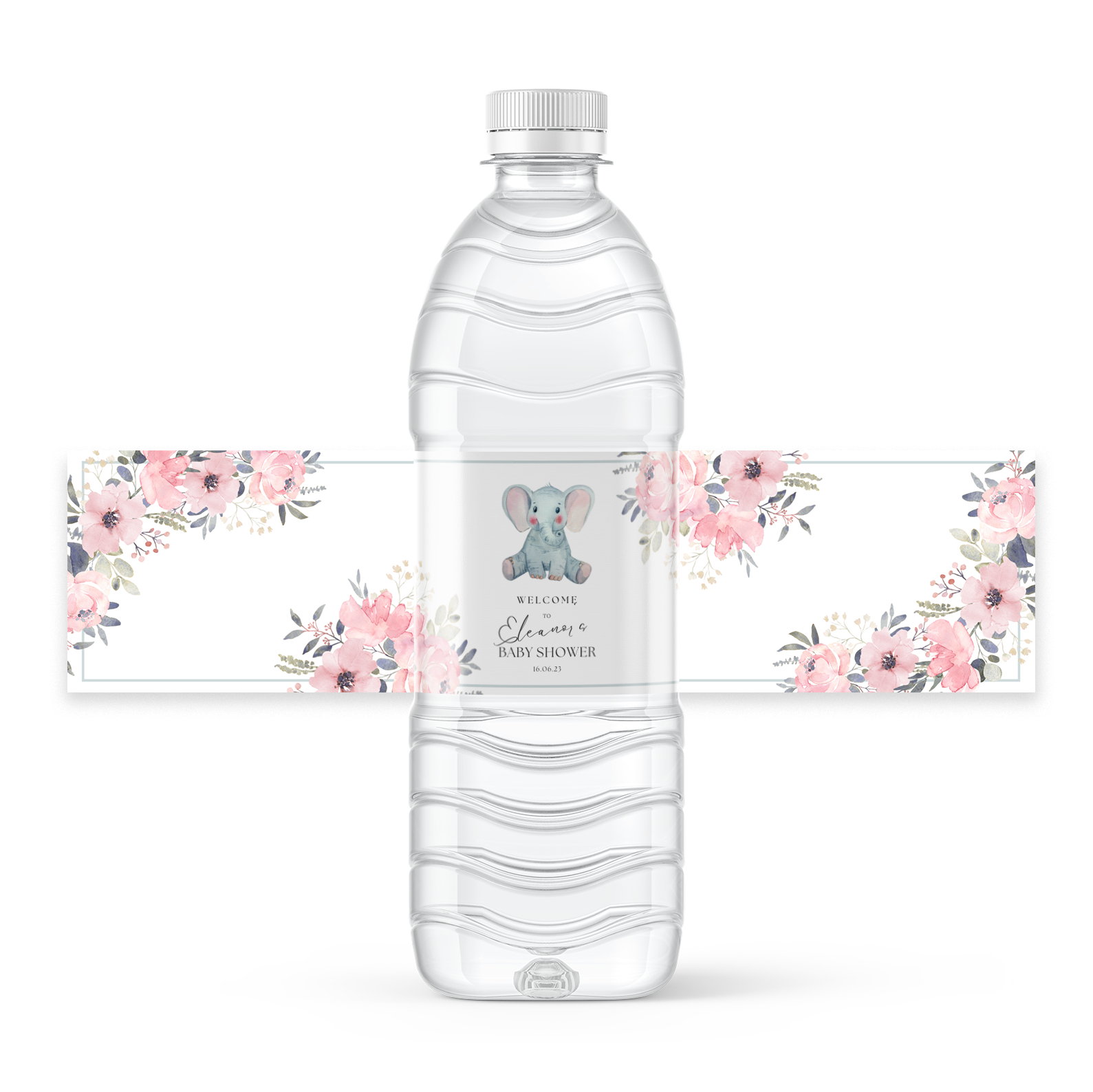 Free Pink Elephant Floral Baby Shower Design For 8X2 Inch Water in Free Printable Water Bottle Labels For Baby Shower