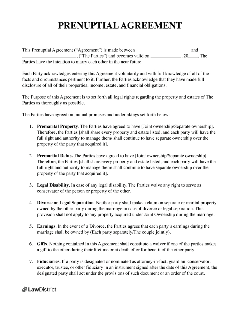 Free Prenuptial Agreement Template | Pdf &amp;amp; Sample | Lawdistrict for Free Printable Prenuptial Agreement Form