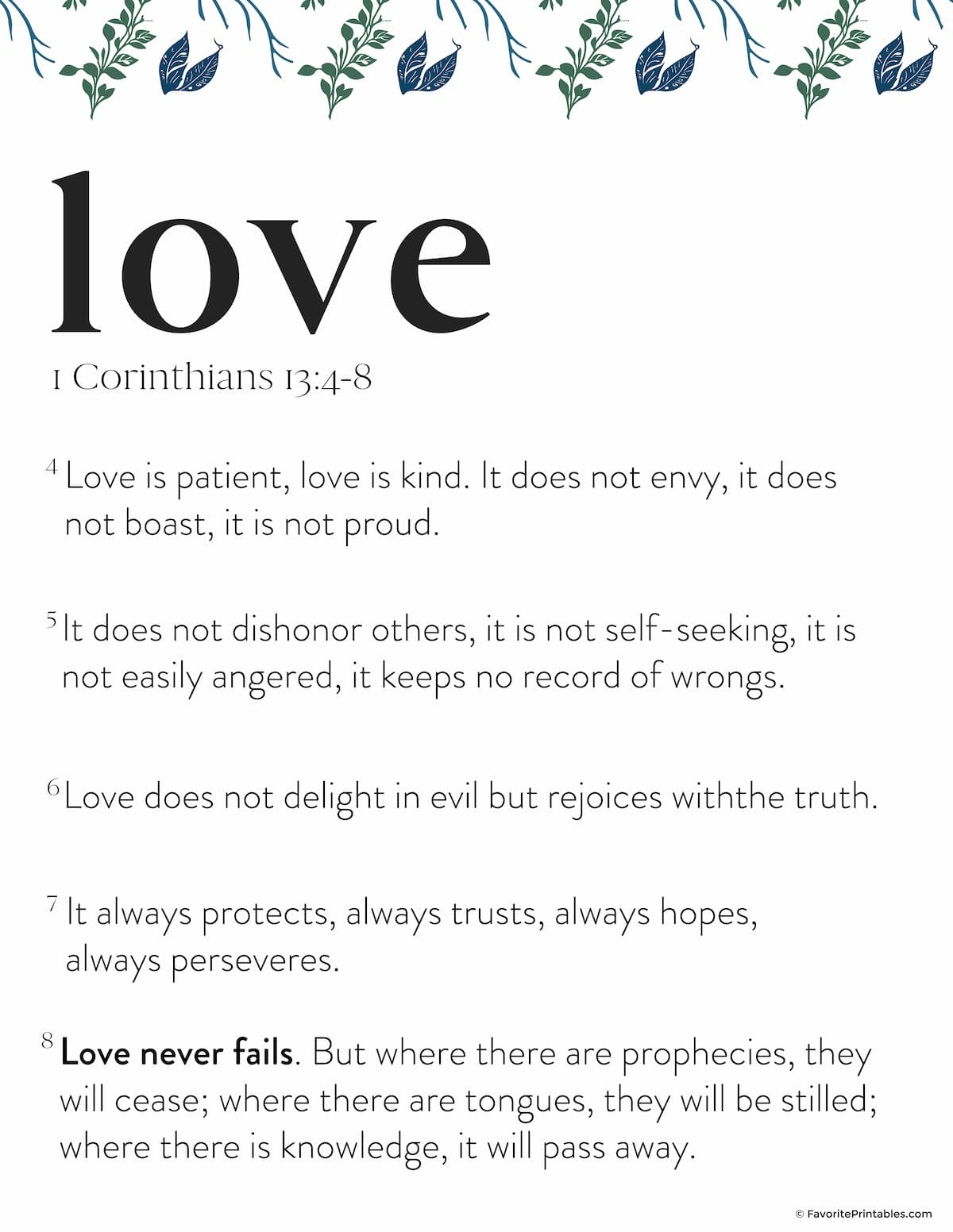 Free Printable 1 Corinthians 13:4-8 Bible Verse - Favorite Printables in Love Is Patient Love Is Kind Free Printable