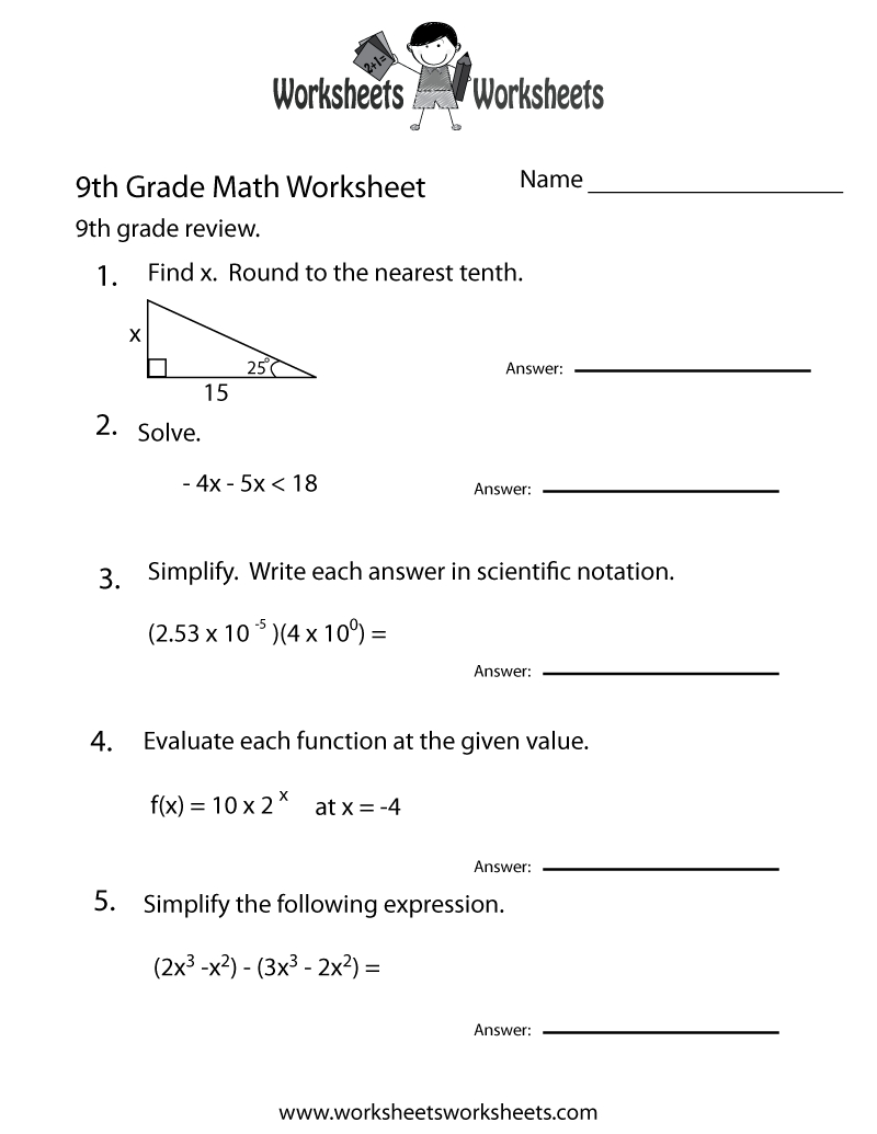 Free Printable 9Th Grade Math Review Worksheet in Grade 9 Math Worksheets Printable Free With Answers