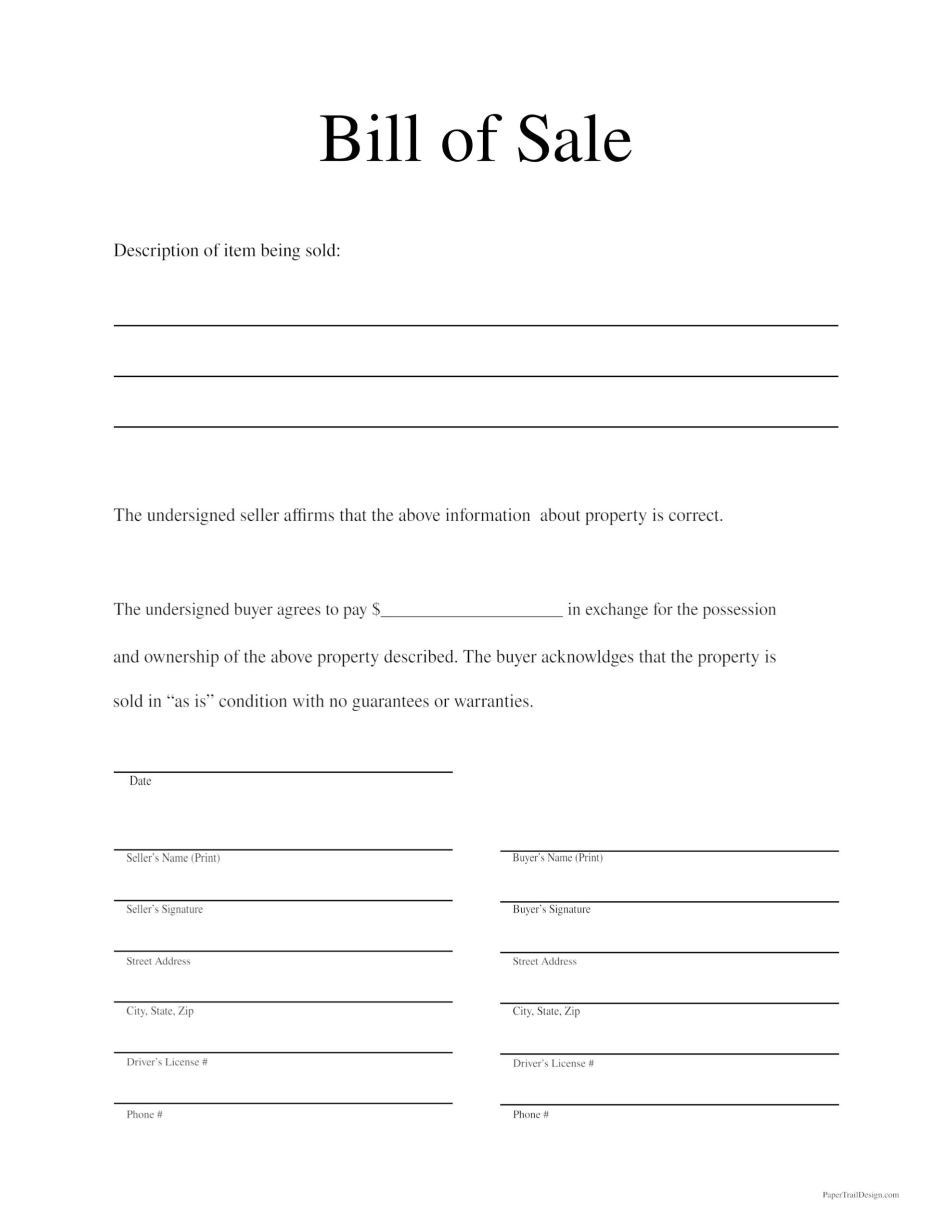 Free Printable Bill Of Sale Template - Paper Trail Design for Free Printable Generic Bill Of Sale