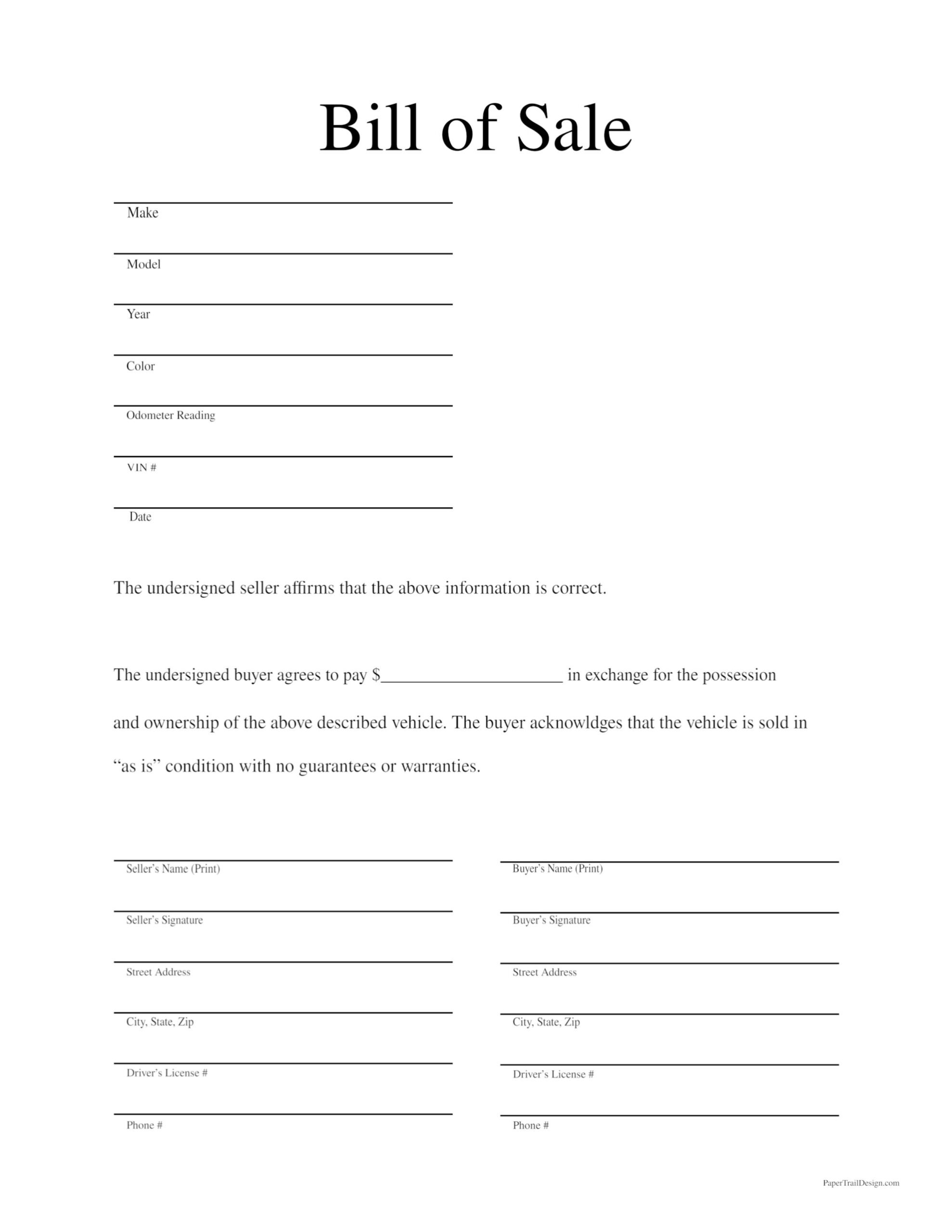 Free Printable Bill Of Sale Template - Paper Trail Design regarding Free Printable Bill Of Sale