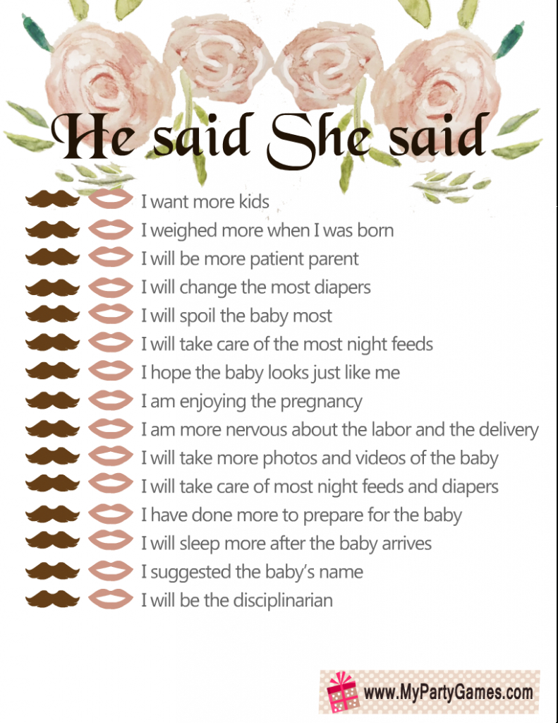 Free Printable He Said, She Said Baby Shower Game pertaining to He Said She Said Game Free Printable