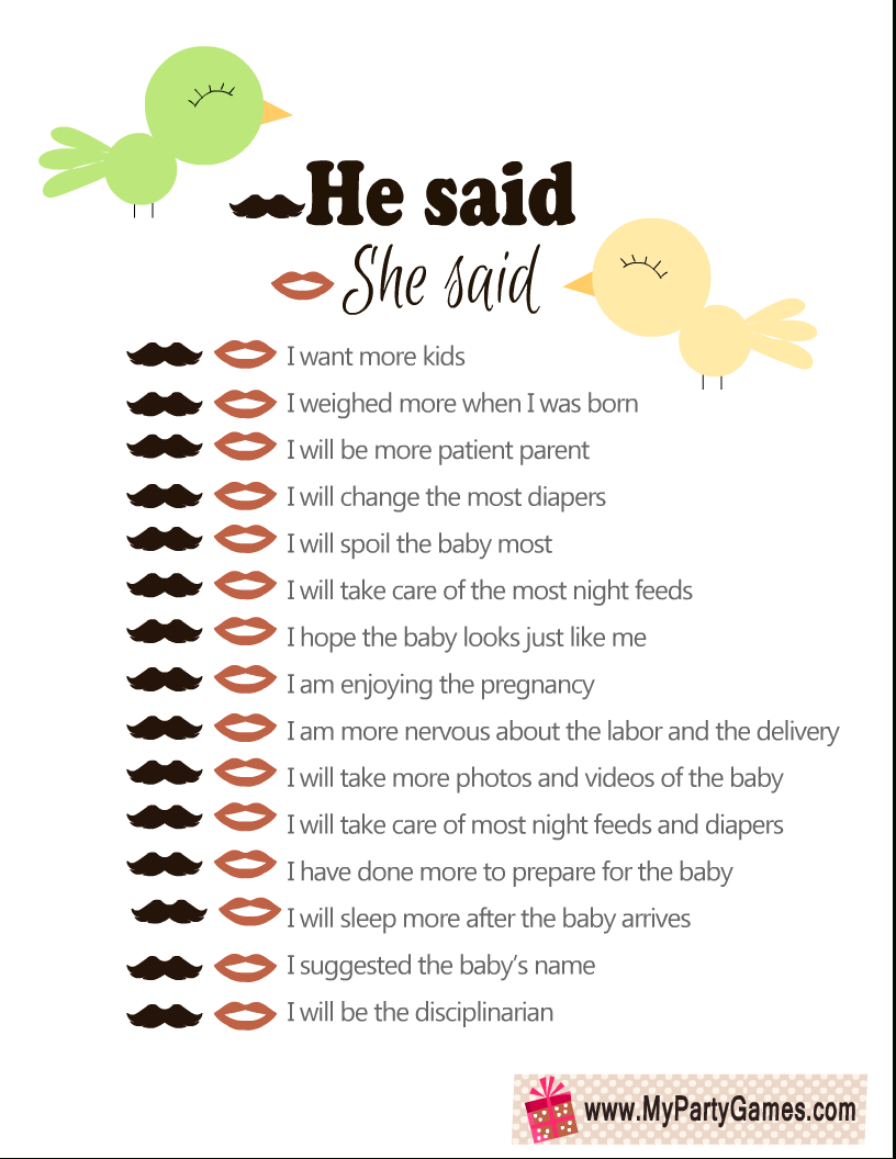 Free Printable He Said, She Said Baby Shower Game pertaining to He Said She Said Game Free Printable