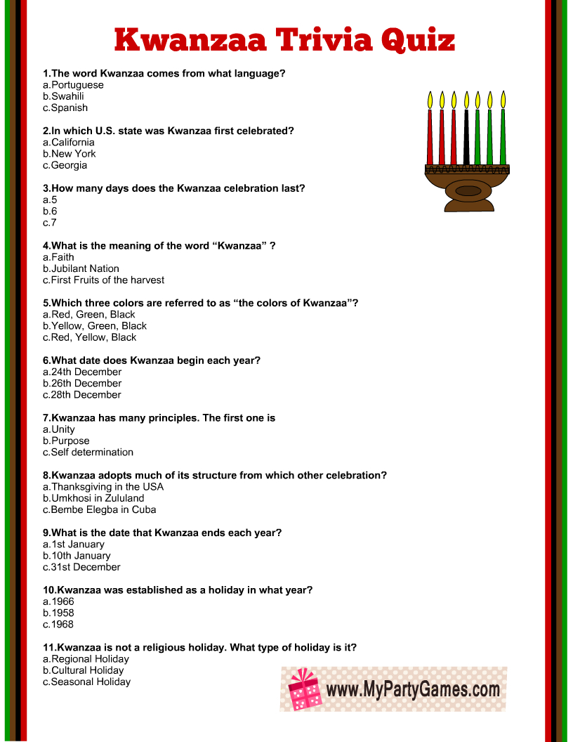 Free Printable Kwanzaa Trivia Quiz With Answer Key intended for Kwanzaa Trivia Free Printable