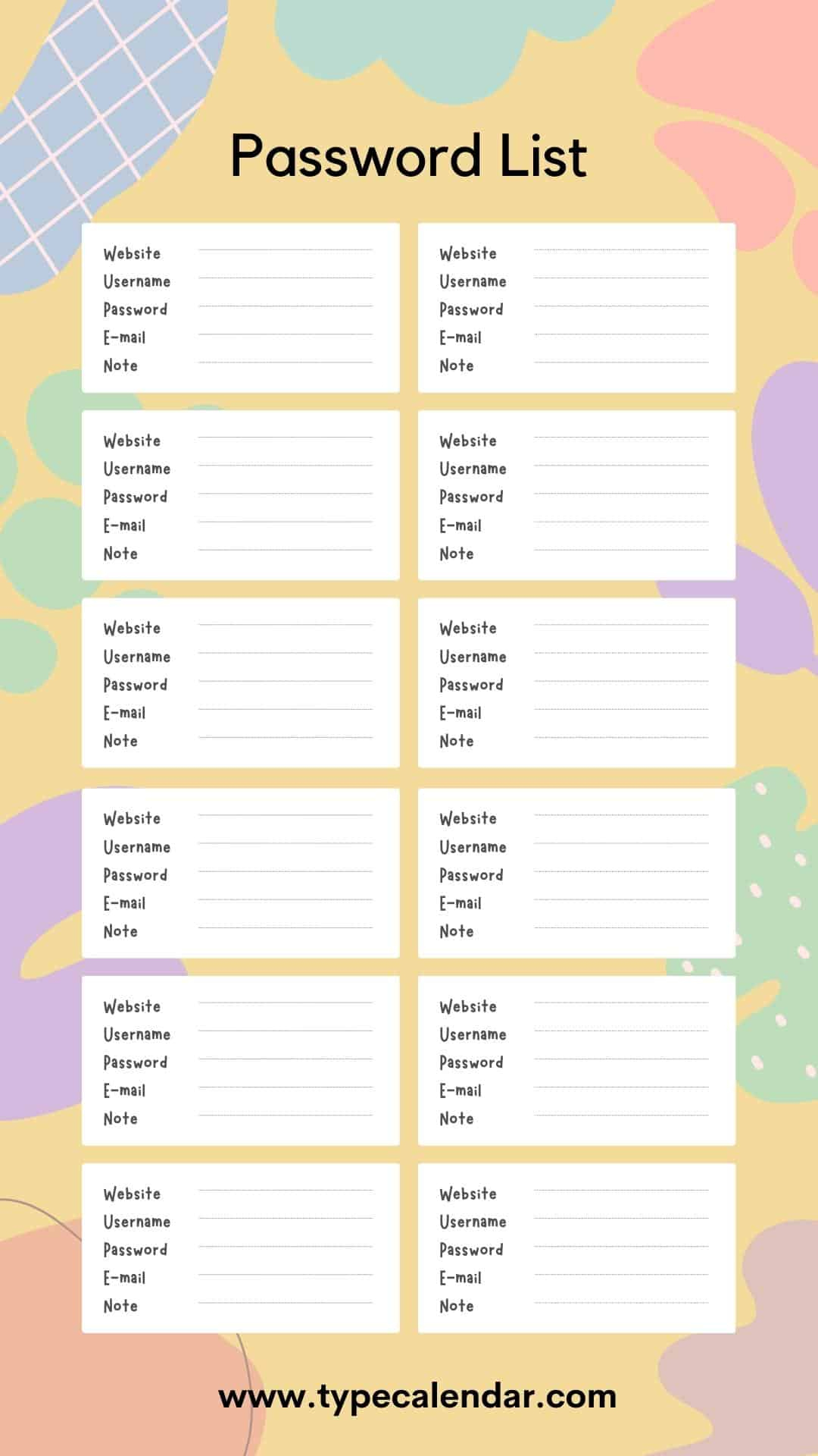 Free Printable Password List Templates [Excel, Pdf] Alphabetical regarding Free Printable Password List