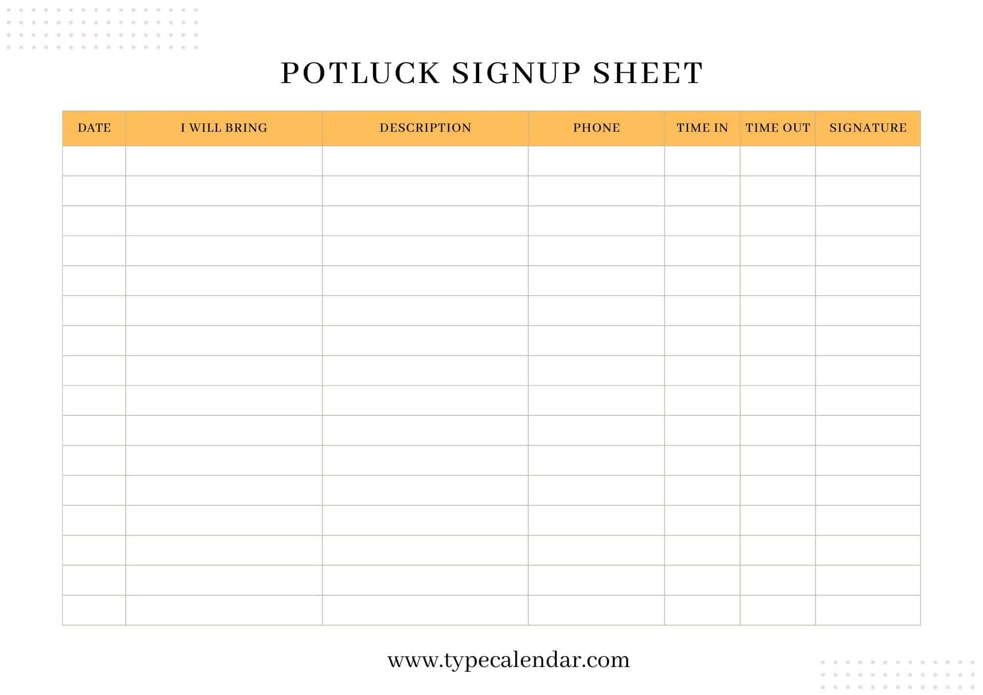 Free Printable Potluck Signup Sheet Templates [Pdf, Word, Excel] inside Free Printable Sign Up Sheets for Potlucks