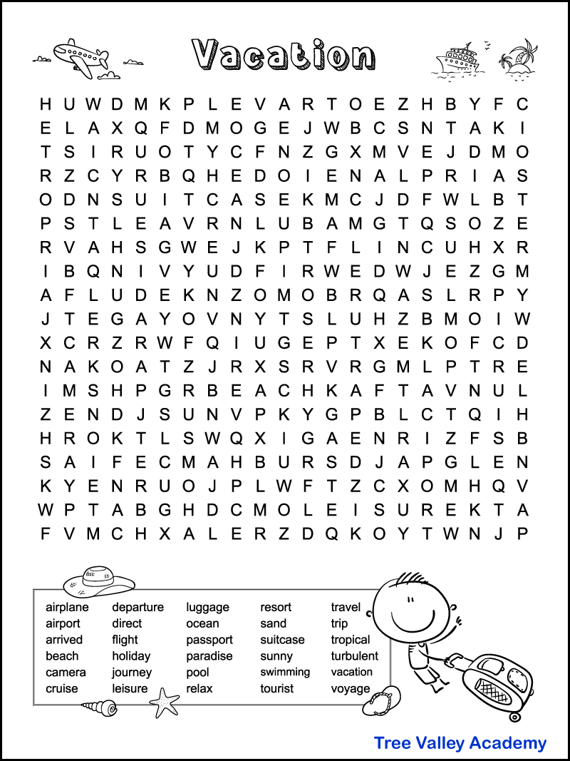 Free Printable Vacation Word Puzzle For Kids -Tree Valley Academy with regard to Free Printable Word Search Puzzles for High School Students