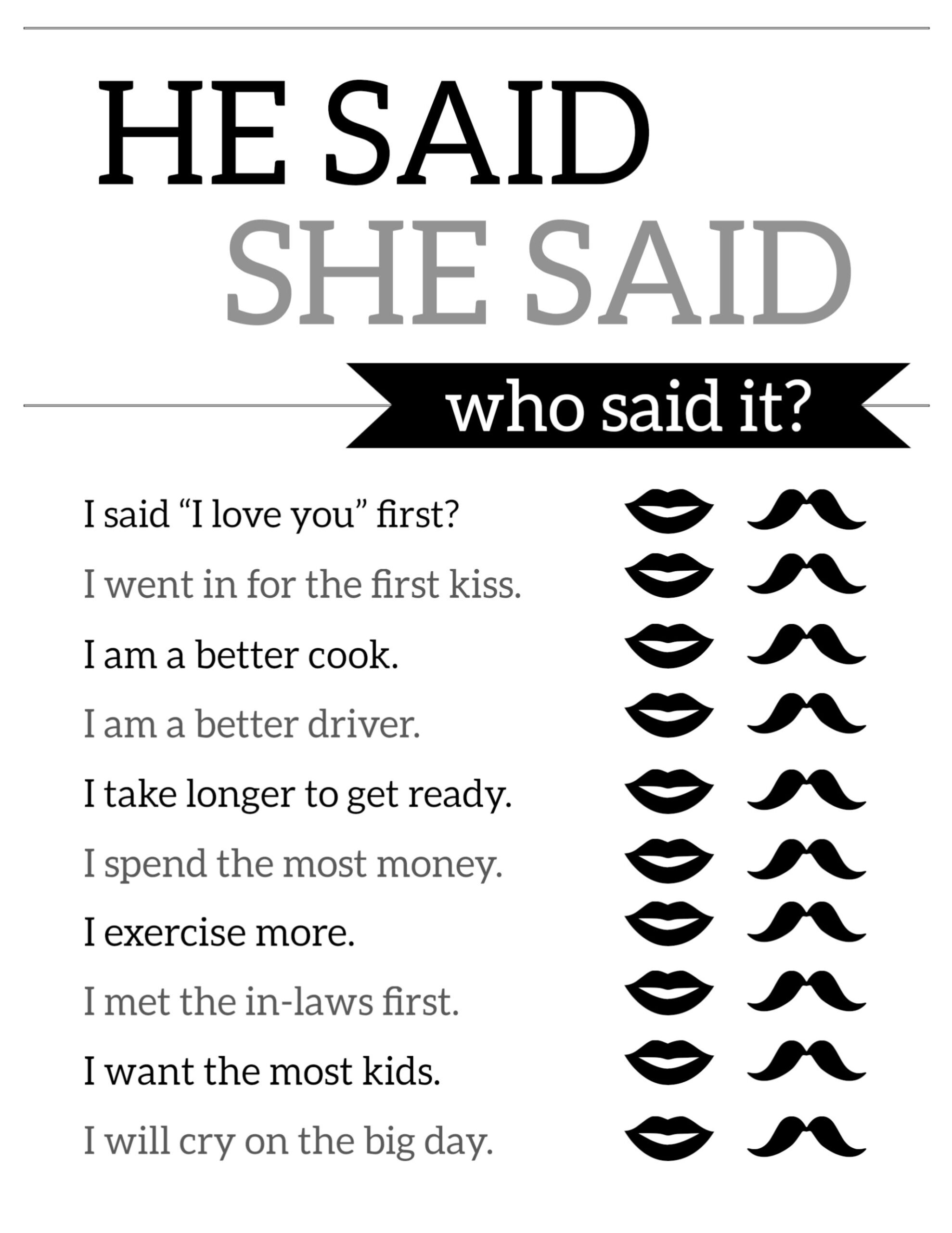 Free Printable Wedding Shower Games {He Said She Said} - Paper pertaining to He Said She Said Game Free Printable