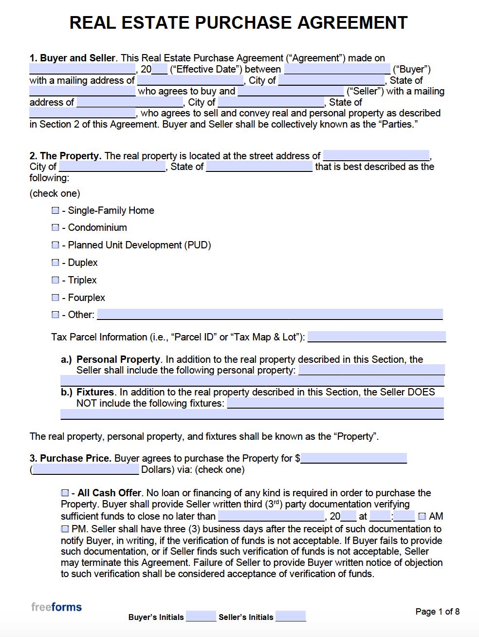 Free Real Estate Purchase Agreements | Pdf | Word regarding Free Printable Purchase Agreement Forms