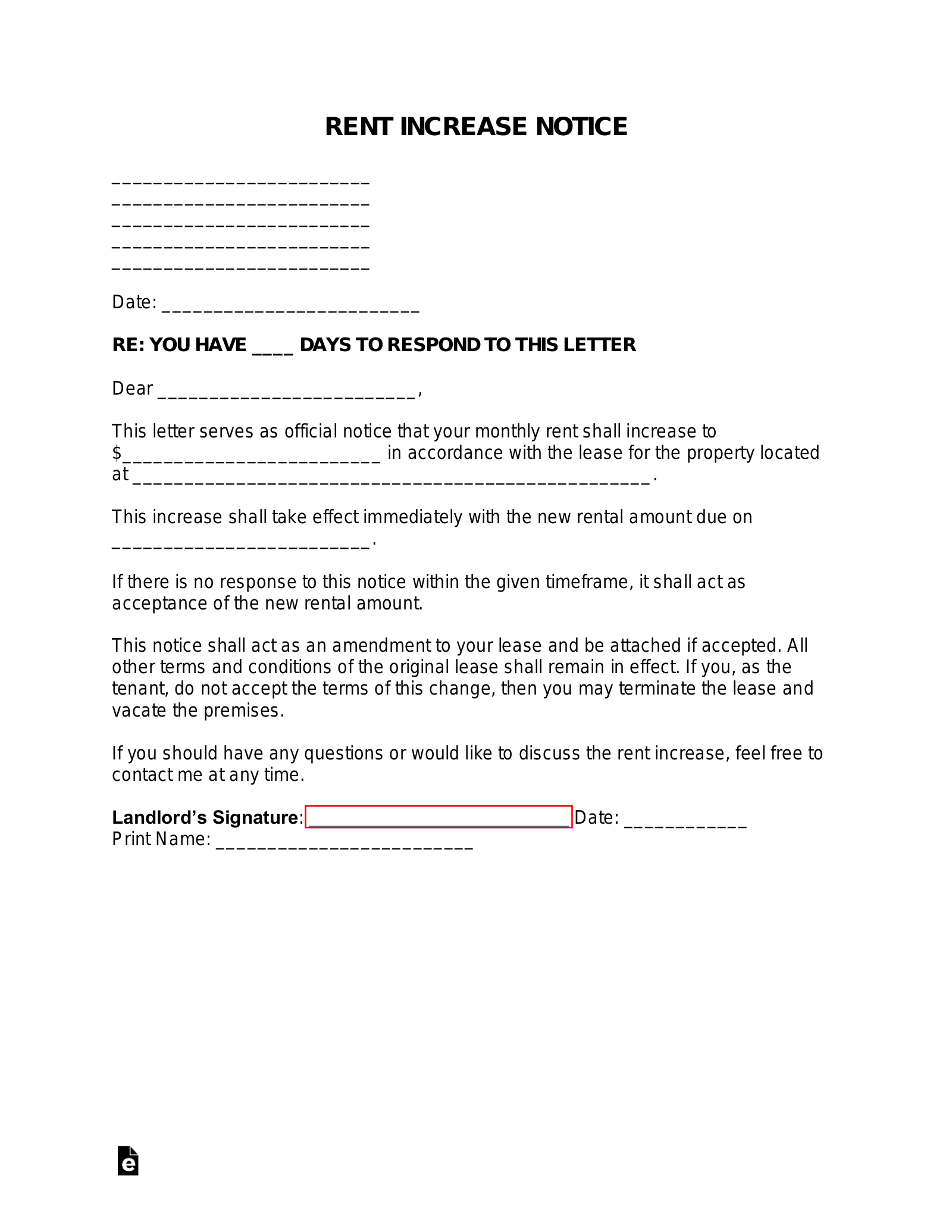 Free Rent Increase Notice Letter | Sample - Pdf | Word – Eforms intended for Free Printable Rent Increase Letter UK