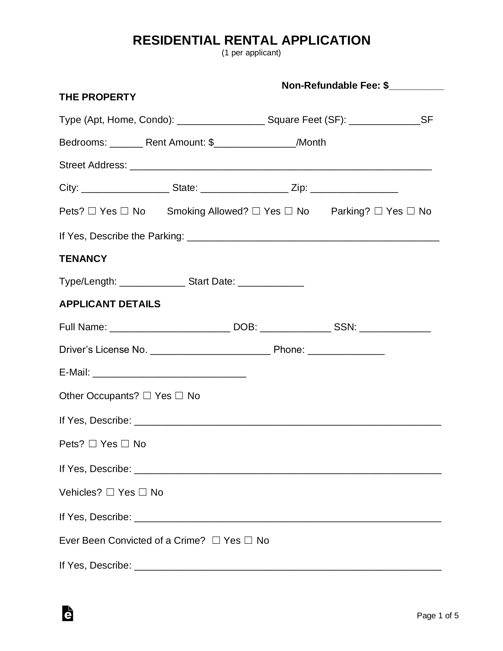 Free Rental Application Form - Pdf | Word – Eforms with Free Printable Rental Application Form