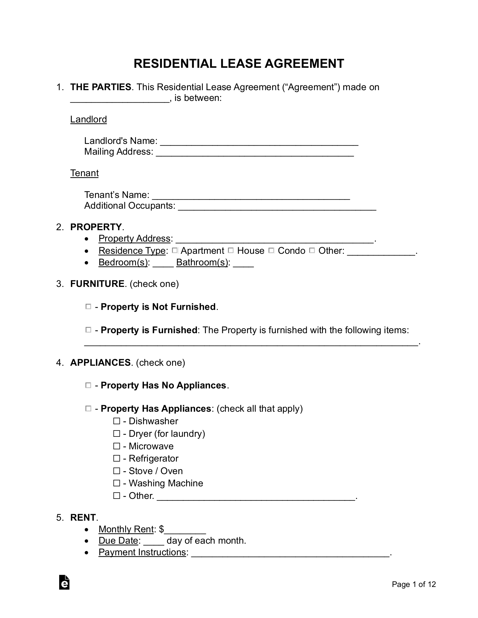 Free Rental / Lease Agreement Templates (15) - Pdf | Word – Eforms with regard to Blank Lease Agreement Free Printable