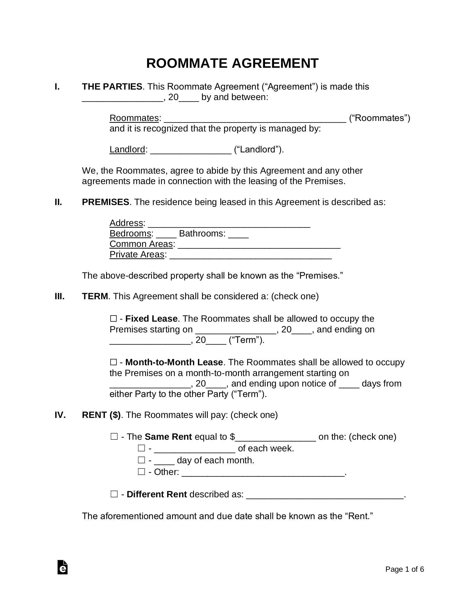 Free Roommate (Room Rental) Agreement Template - Pdf | Word – Eforms within Free Printable Roommate Rental Agreement