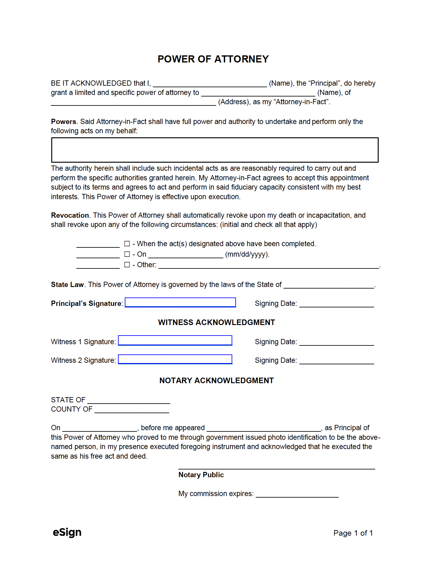 Free Simple (1-Page) Power Of Attorney Form | Pdf | Word for Free Printable Power Of Attorney Forms