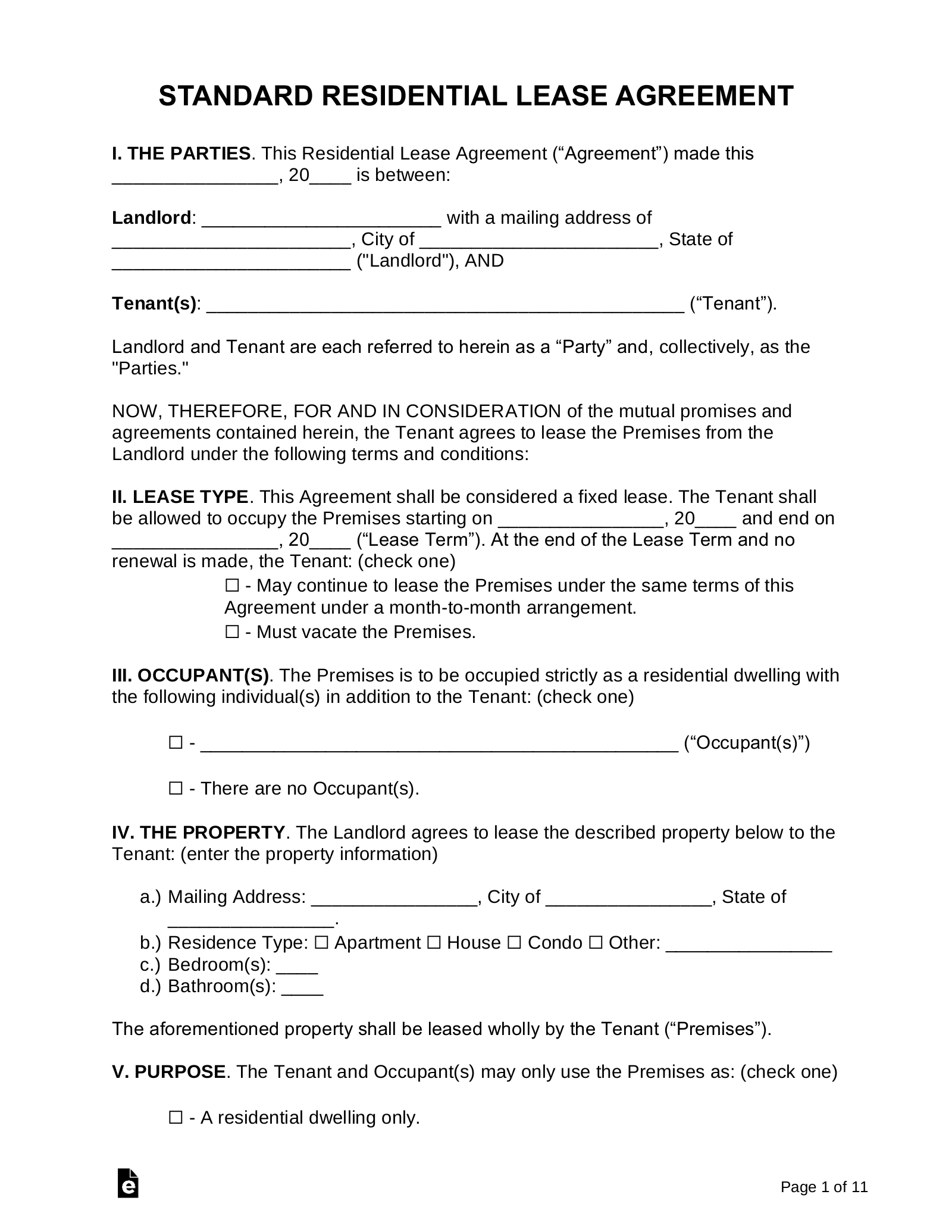 Free Standard Residential Lease Agreement Template - Pdf | Word intended for Free Printable Rental Lease Agreement