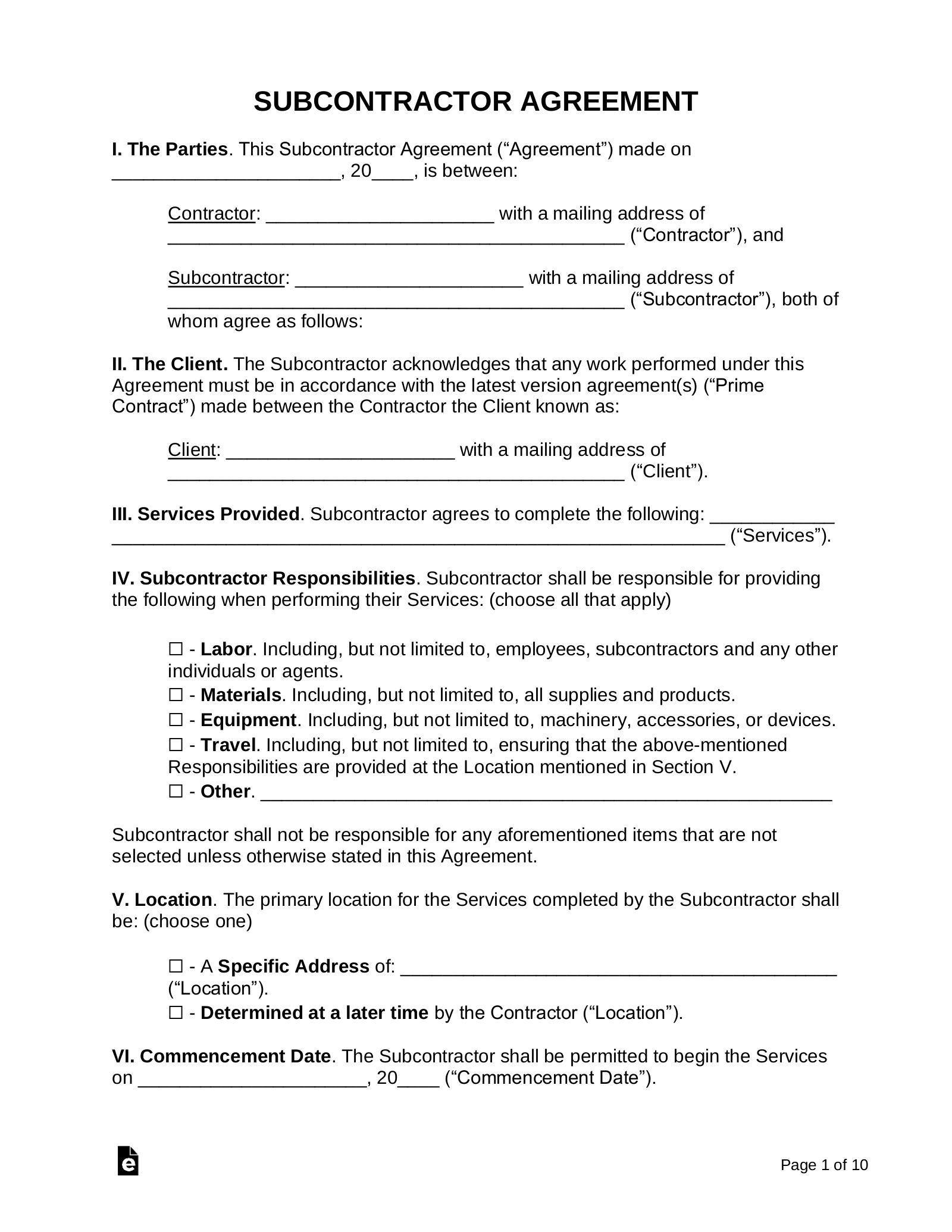 Free Subcontractor Agreement Templates - Pdf | Word – Eforms with regard to Free Printable Subcontractor Agreement