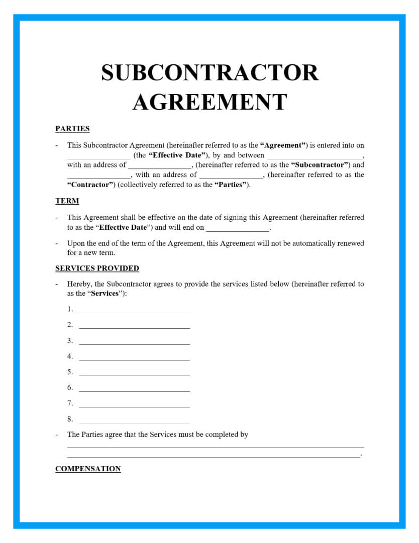 Free Subcontrator Agreement Template For Download in Free Printable Subcontractor Agreement