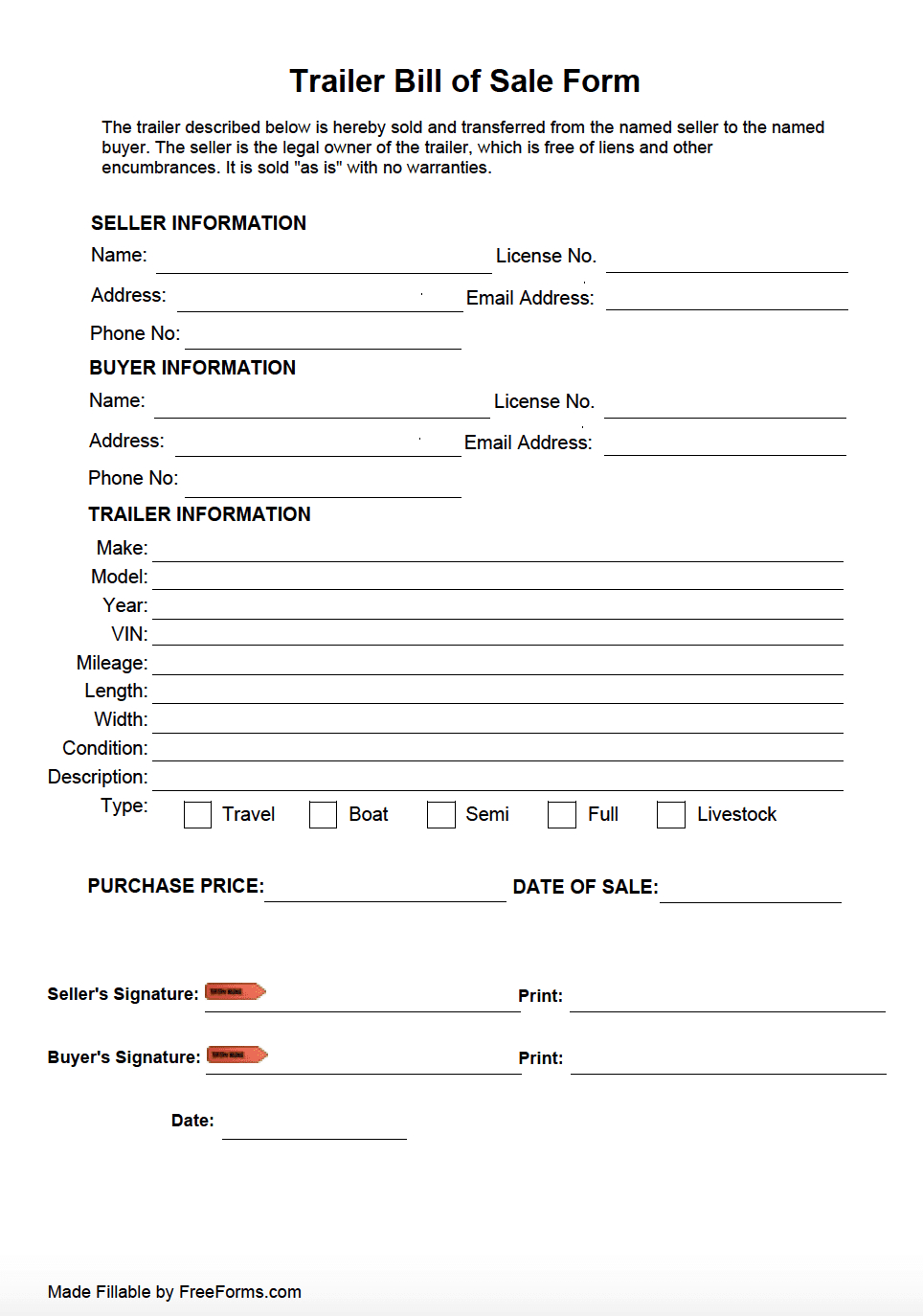 Free Trailer Bill Of Sale Form | Pdf inside Free Printable Bill Of Sale For Trailer