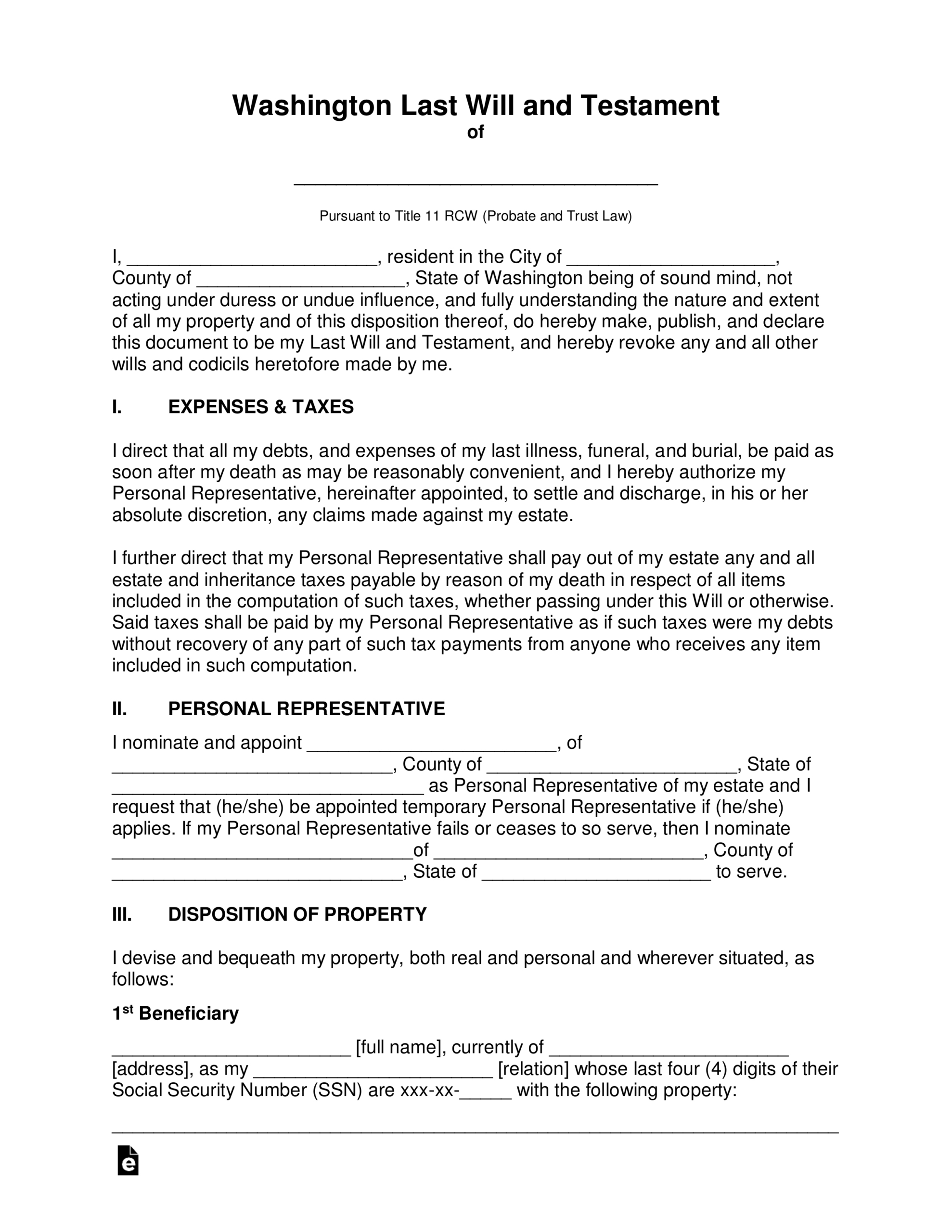 Free Washington Last Will And Testament Template - Pdf | Word – Eforms intended for Free Printable Living Will Forms Washington State