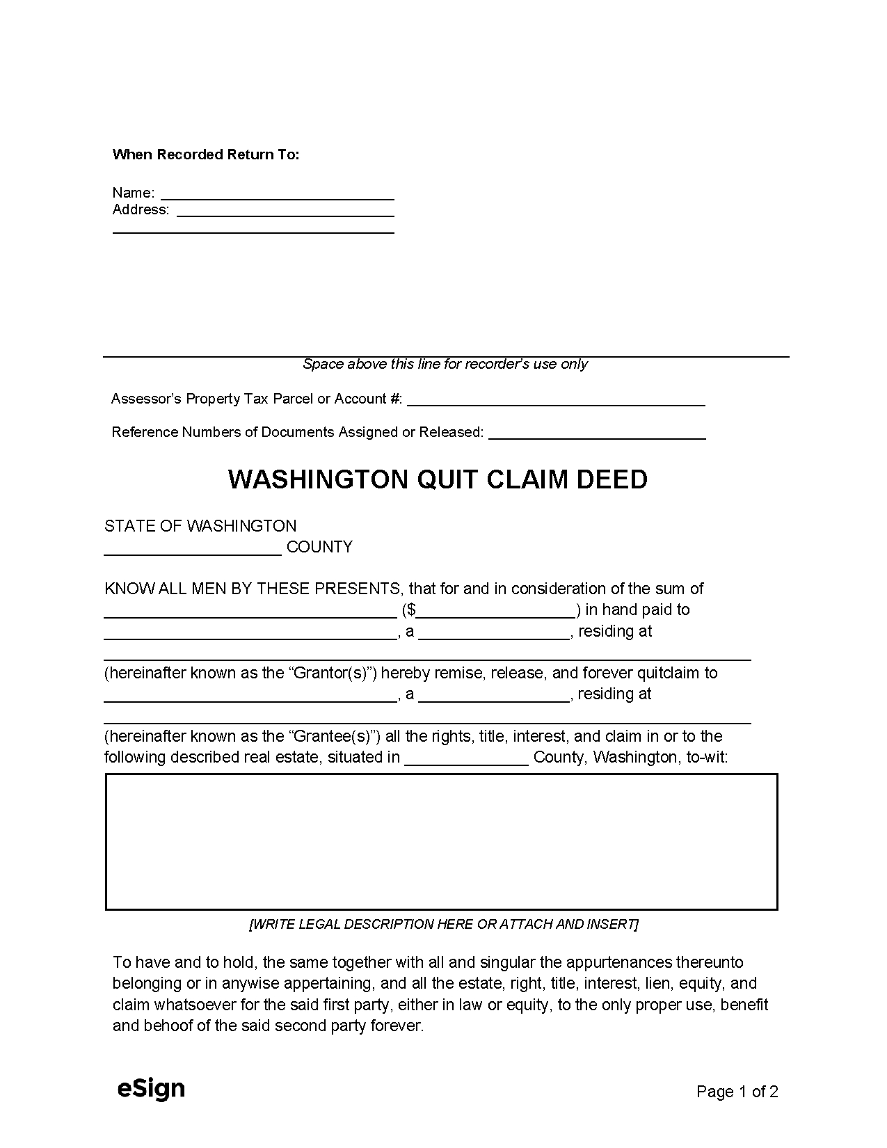 Free Washington Quit Claim Deed Form | Pdf | Word in Free Printable Quit Claim Deed Washington State Form