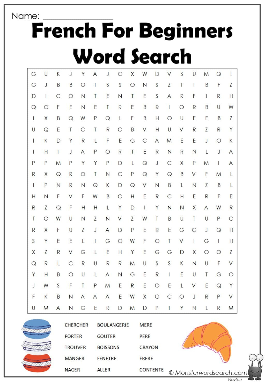 French For Beginners Word Search - Monster Word Search with regard to French Word Searches Free Printable