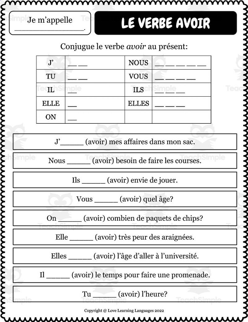 French: Verb Avoir Present Tense Worksheets with Free Printable French Grammar Worksheets