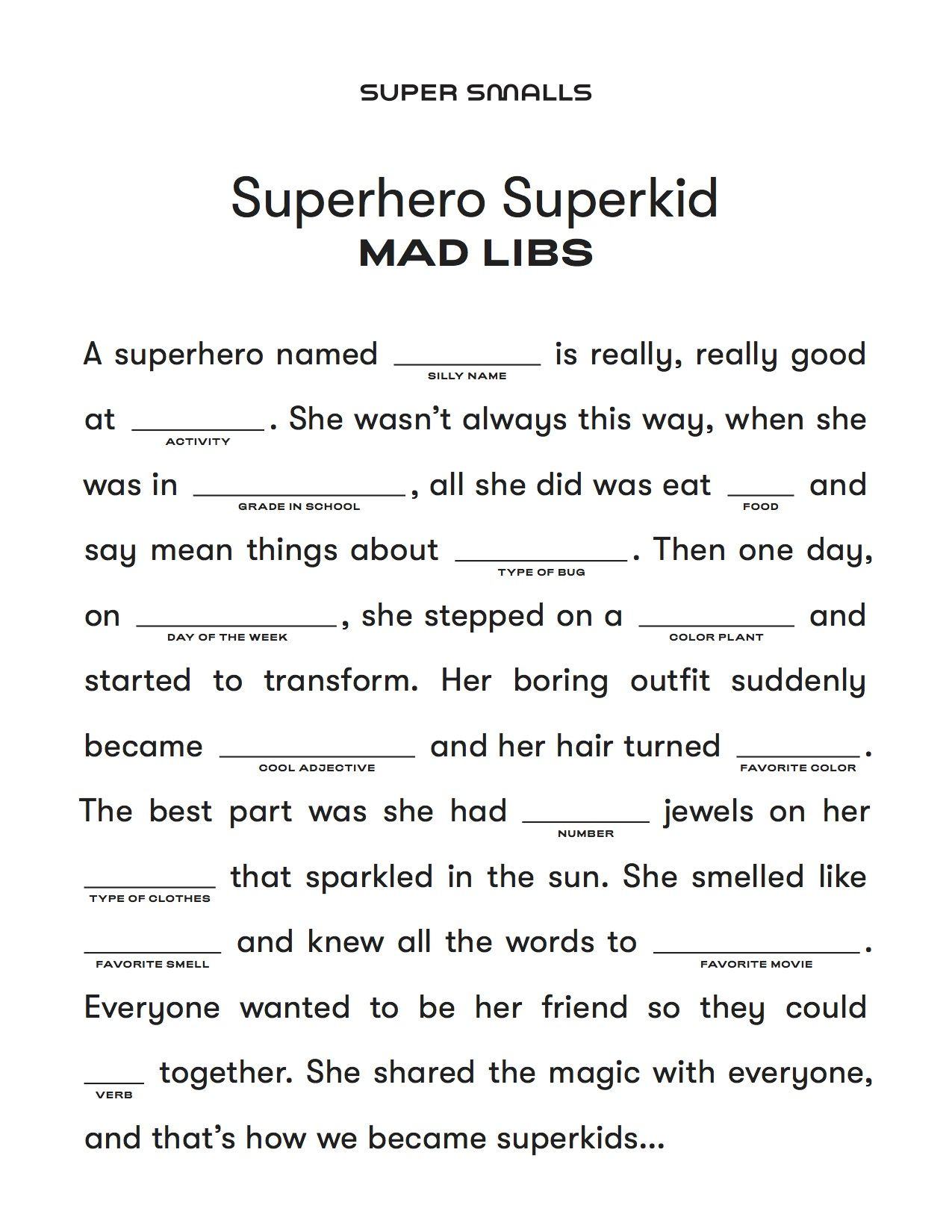 Fun Indoor Activities For Kids | Super Smalls - Kids Mad Libs in Free Printable Mad Libs For Middle School Students