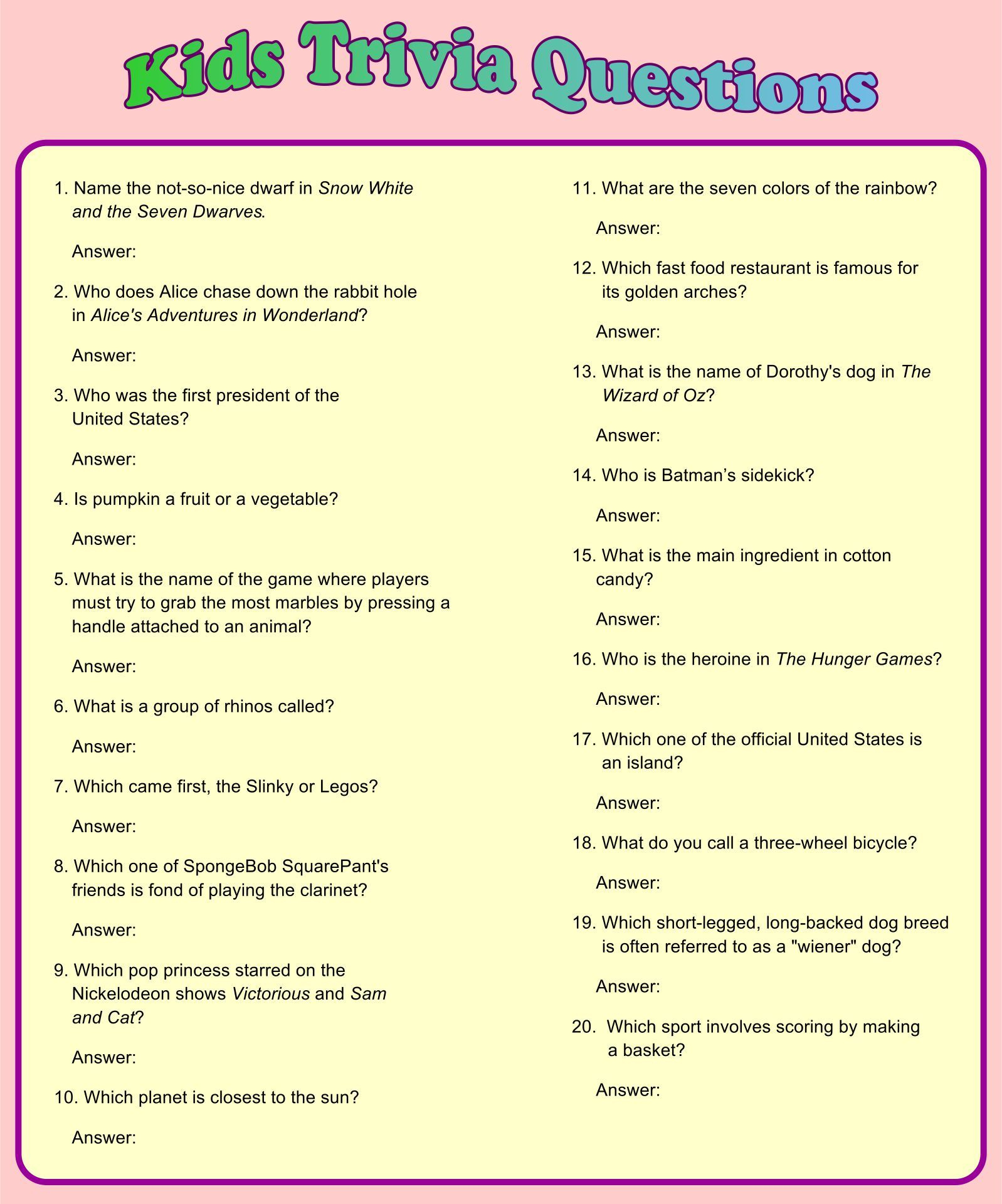 Fun Trivia - 10 Free Pdf Printables | Printablee | Fun Trivia intended for Free Printable Trivia Questions And Answers